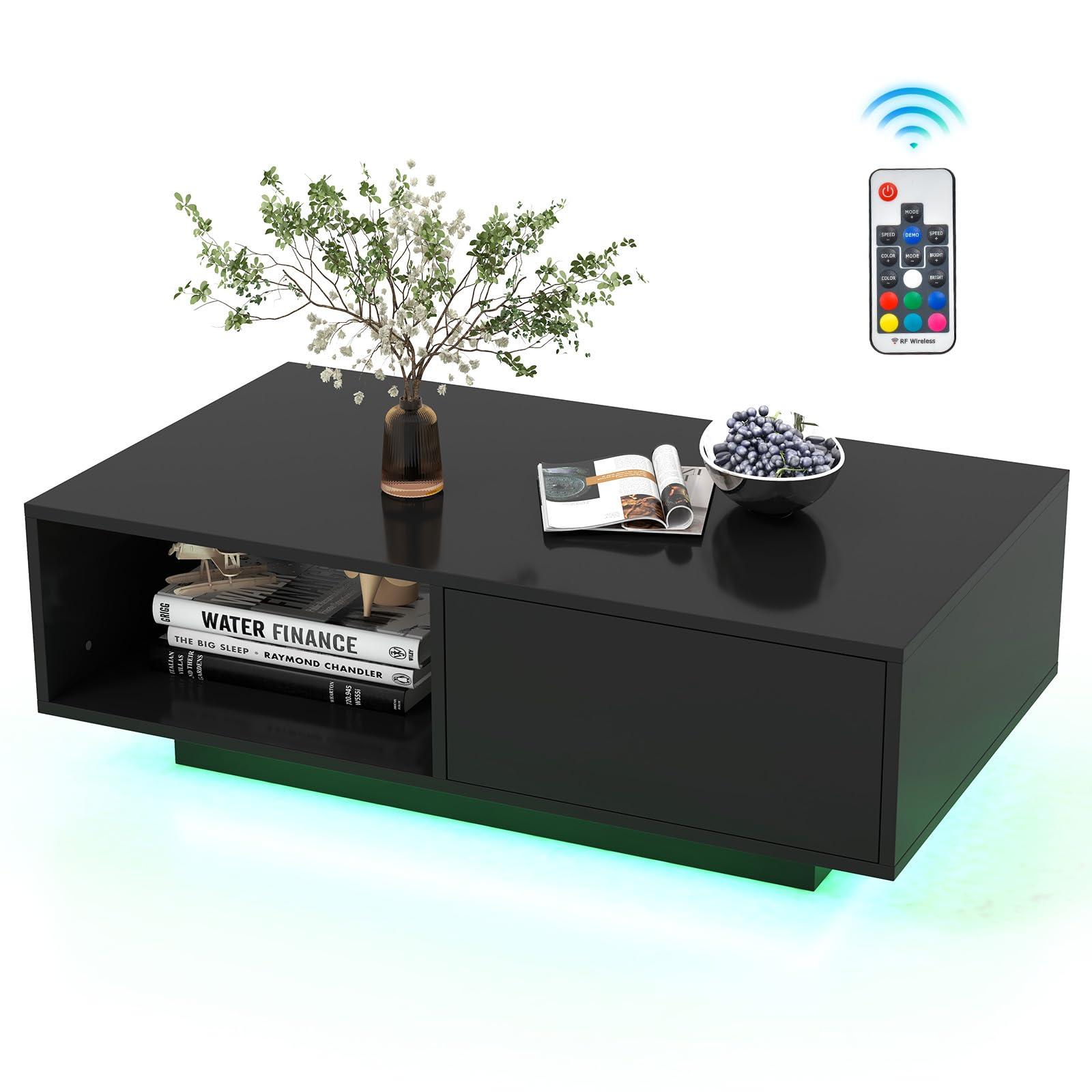 LIFEZEAL Tavolino da Salotto con Luci a LED, 1 Cassetto, 1 Scomparto, Colori, Luminosità Regolabili, Moderno, Basso, Remoto Controllo, Tavolino da Caffè, Soggiorno, Max 65kg, 95x55x31cm, Nero Lucido