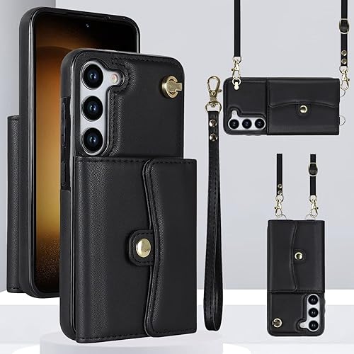 Asuwish Funda para teléfono Samsung Galaxy S23 Plus S23+ 5G Funda tipo cartera con bloqueo RFID, tarjetero y correa cruzada de muñeca, soporte para