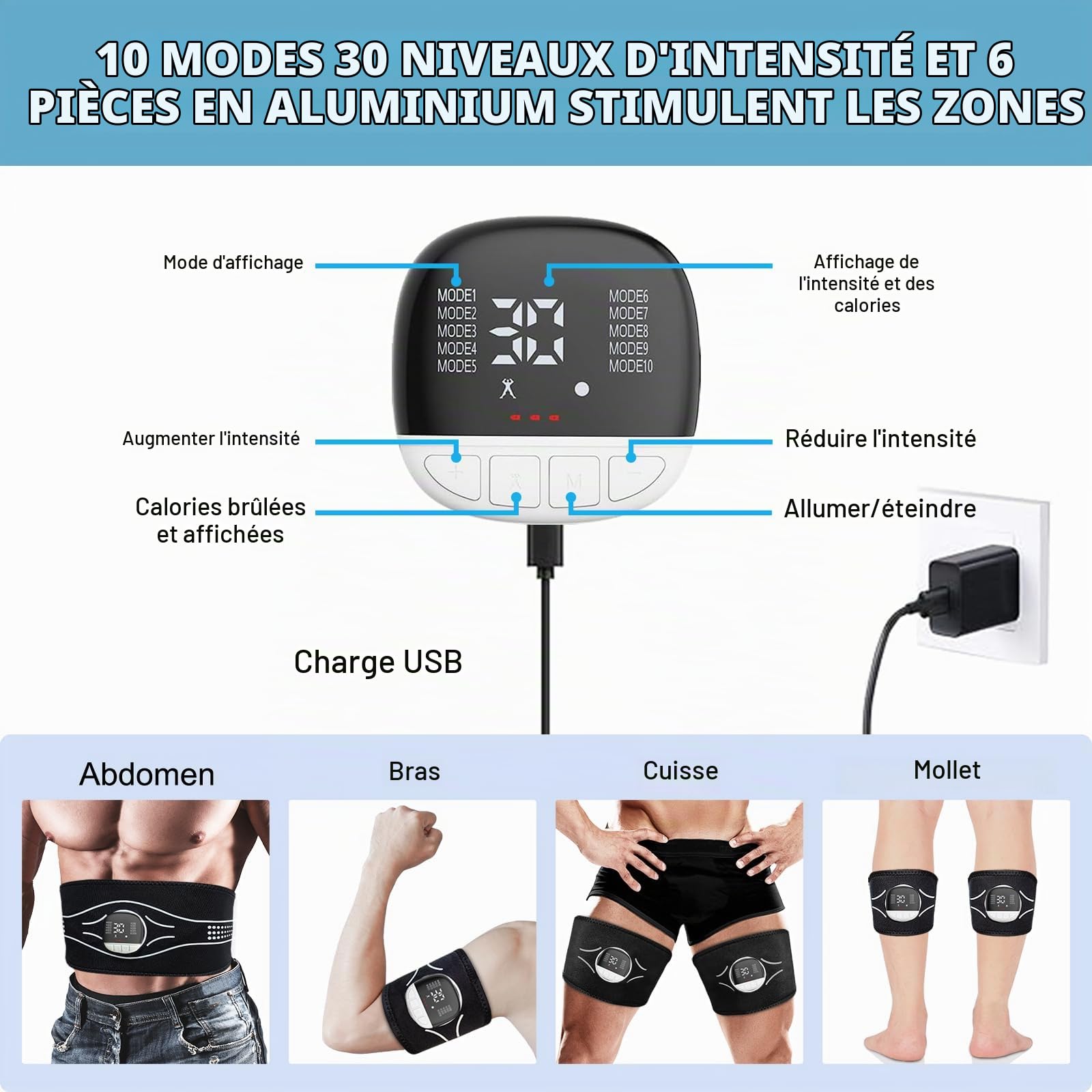 Electrostimulateur Musculaire Ceinture - Espaceur en Aluminium Abdominale Electrostimulation, 10 Modes 30 Niveaux Affichage de la Dépense Calorique et Alerte de Charge, pour Abdomen/Bras/Jambes
