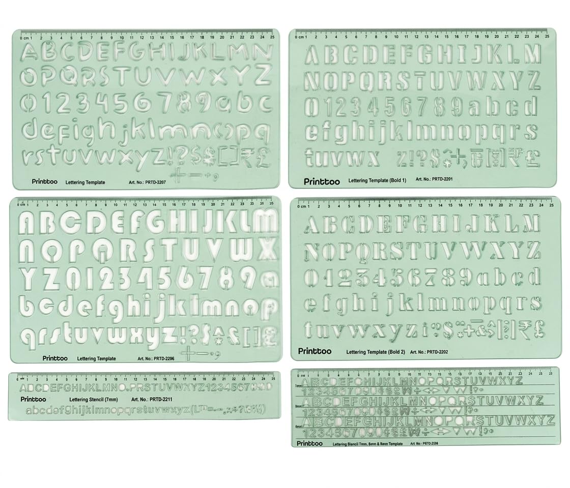 Printtoo Set di 6 stencil per scrittura con lettere dell'alfabeto, numeri, simboli, 6 fogli da 2 mm, in acrilico, con caratteri maiuscoli e minuscoli, righelli per cartelli, poster, diari, scuole