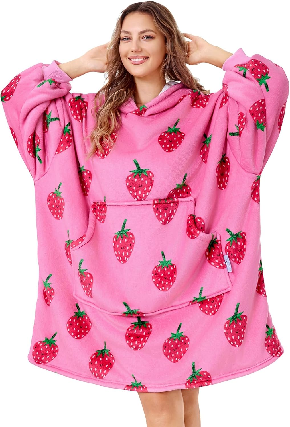 MIZZEO Microfiber Wearable Blanket, Oversized Light Wearable Blanket Hoodie for Adults, Cozy Soft Warm Plush Hooded Blanket Gifts for Women, One Size Fits All (Strawberry)