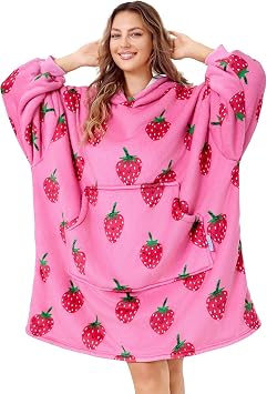 Microfiber Wearable Blanket, Oversized Light Wearable Blanket Hoodie for Adults, Cozy Soft Warm Plush Hooded Blanket Gifts for Women, One Size Fits All Strawberry