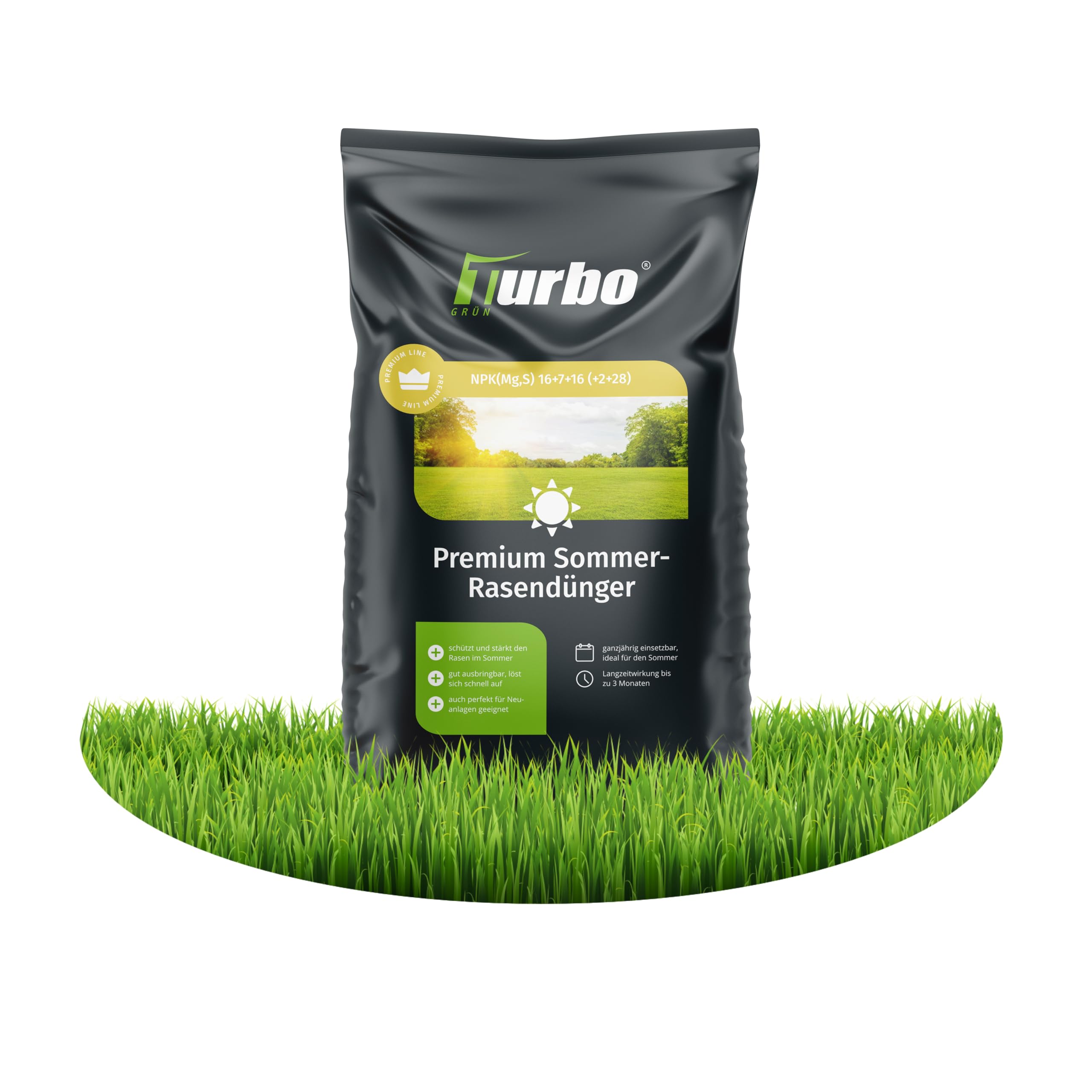 Sommer Premium Rasendünger Turbogrün, 2,5kg für 60m², Dünger gegen Moos, Ideal im Sommer, geeignet für Streuwagen, staubarmes Granulat, Rasen dünger