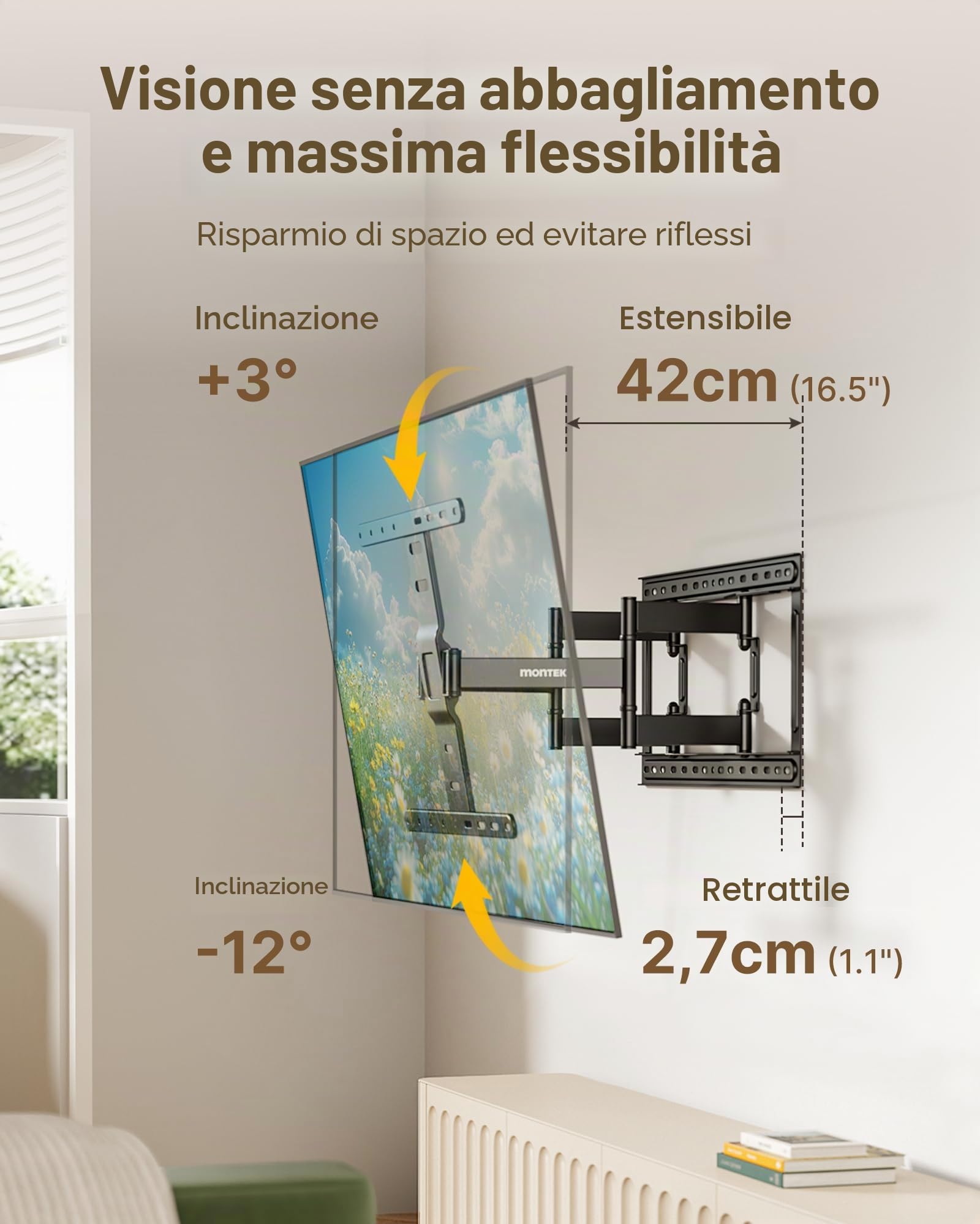 monTEK Supporto da parete ultra sottile da 1,1" per TV da 37-75 pollici fino a 60 kg, supporto TV a basso profilo, orientabile, inclinabile ed estensibile, supporto da parete completamente mobile