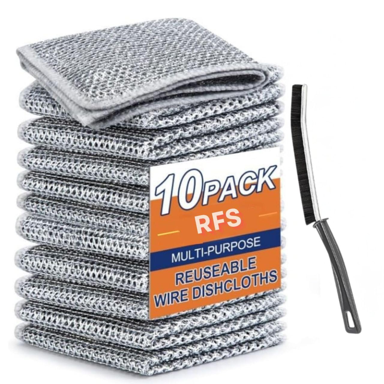 RFS Non-Scratch Wire Dishcloth & Gaps Cleaning Brush, Multipurpose Dishwashing Rags for Wet and Dry, Easy Rinsing, Reusable Cleaning Cloth for Kitchen, Sinks, Pots, Pans (10)