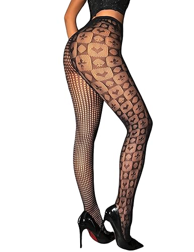 Aesphelia Poker Fishnet Tights Queen of Hearts Spade Playing Cards Goth Pattern Stockings for Cosplay, Party, Burlesque, Clown