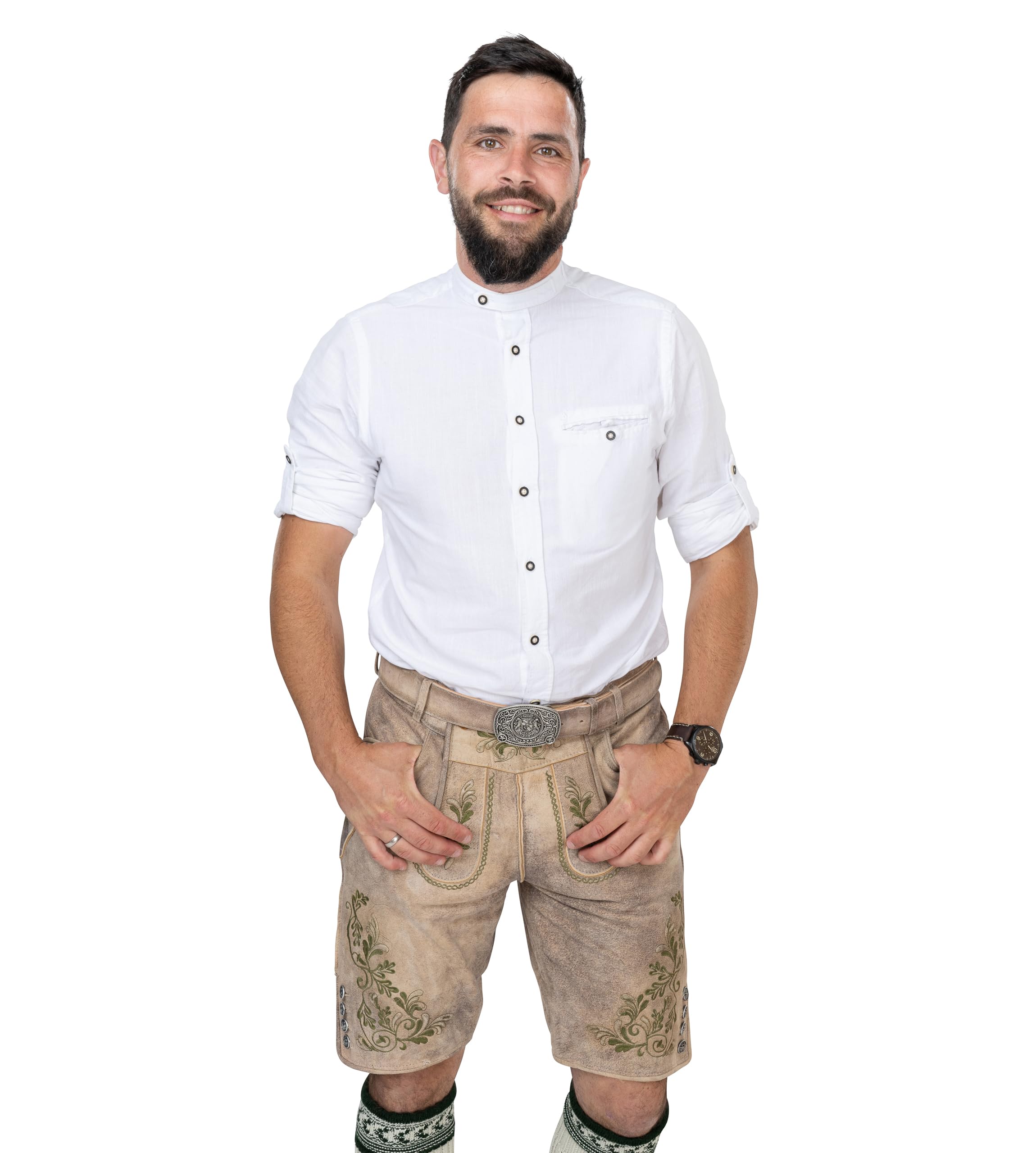 Schöneberger Trachten Couture Herren Lederhose kurz, Original Antik Wildbock Trachtenhose für Oktoberfest, grüne Stickereien, Franz