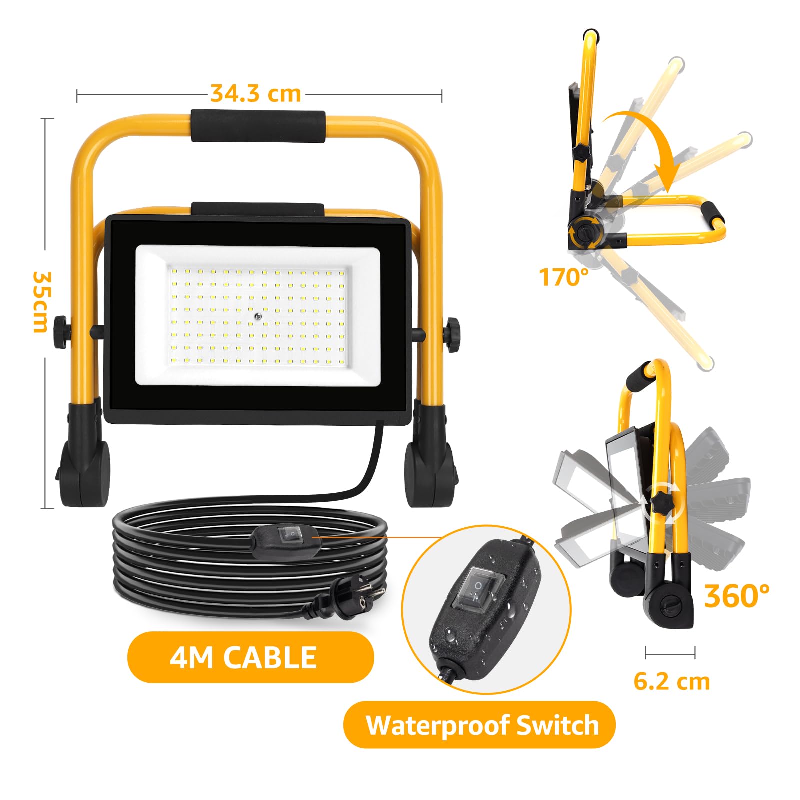 Aigostar Faretto LED da Cantiere 100W con Interruttore Impermeabile，2 Pezzi，9000 Lumen，4 Metri di Filo，Farò LED da Cantiere con Spina，Luce Bianca 6500K，Portatile，Ideale per cantiere edile， officina