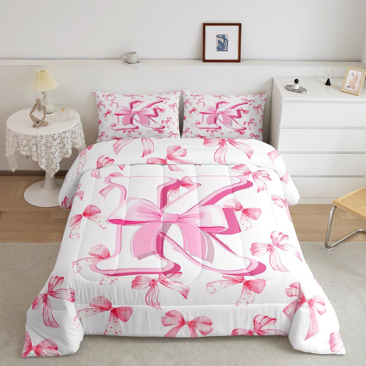 jejeloiu Kids Girls Cute Pink Bow Comforter Set Twin Size Monogrammed Bedding Set Ultra Soft Personalized Initial K Duvet Quilt Coquette Bow Knot Quilt Set Room Decor Modern Fashion Comforter