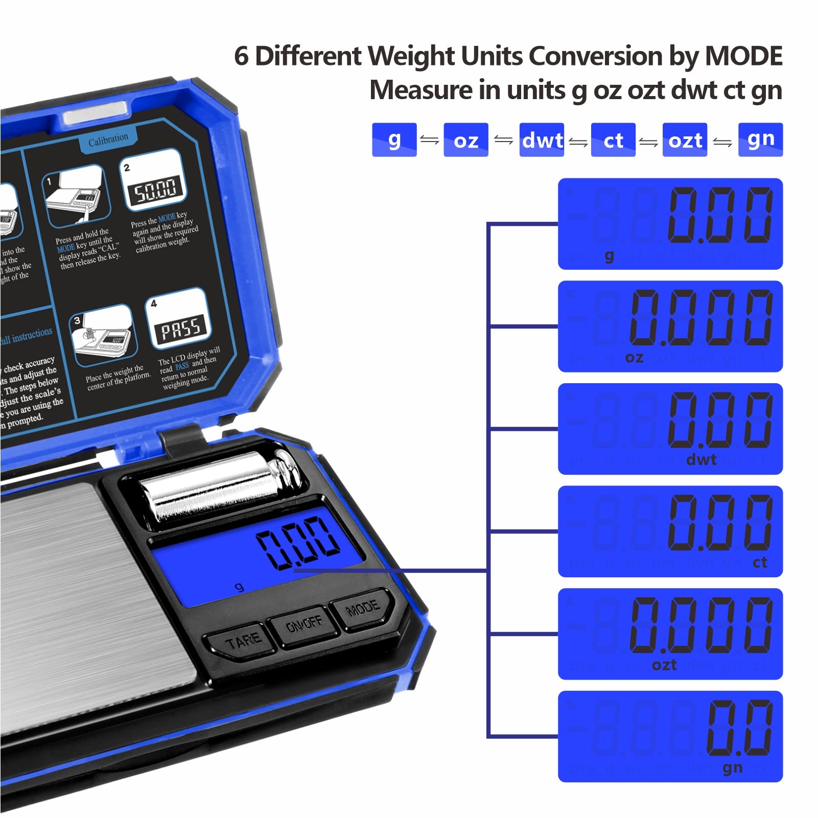 UNIWEIGH Digital Scales 200g/0.01g, Small pocket scales, Jewelry scales,Precision grams scales with LCD Display,6 units,Kitchen Scale Great for food,powder,gems,coins (Battery Included)-Blue
