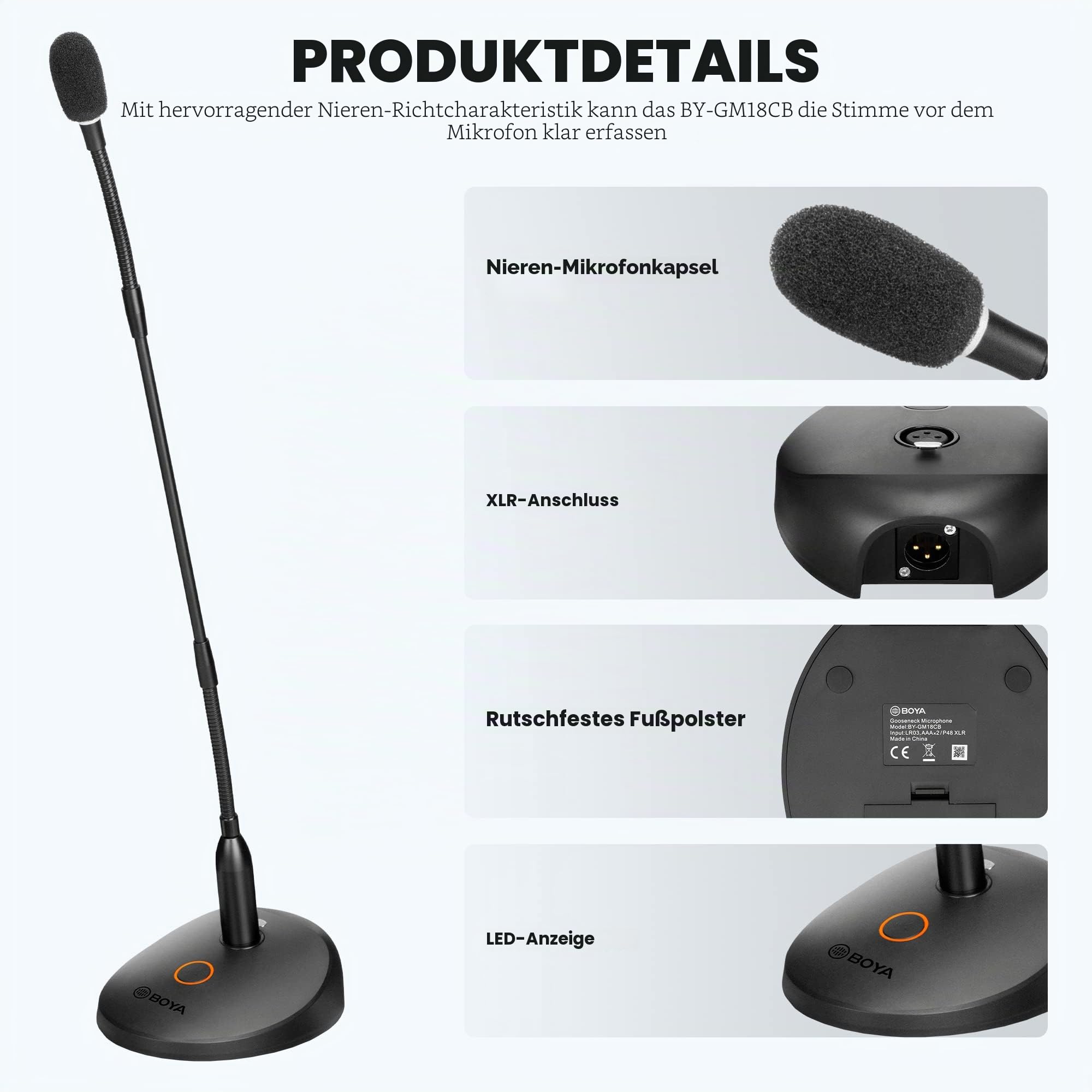 BOYA 18" Schwanenhals-Kondensatormikrofon mit Tischfuß, LED-Anzeige - Podiumsmikrofon für Konferenz Meeting Video Live Streaming Vortrag Rede Podcast (XLR BY-GM18CB)