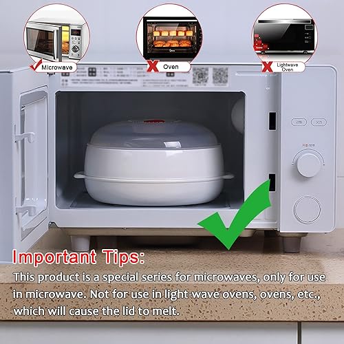 Miniatura 7 de PYSUL Vaporizador de microondas con tapa, plato de calefacción, vaporizador de drenaje de verduras con tapa y bandeja, cocina de microondas de