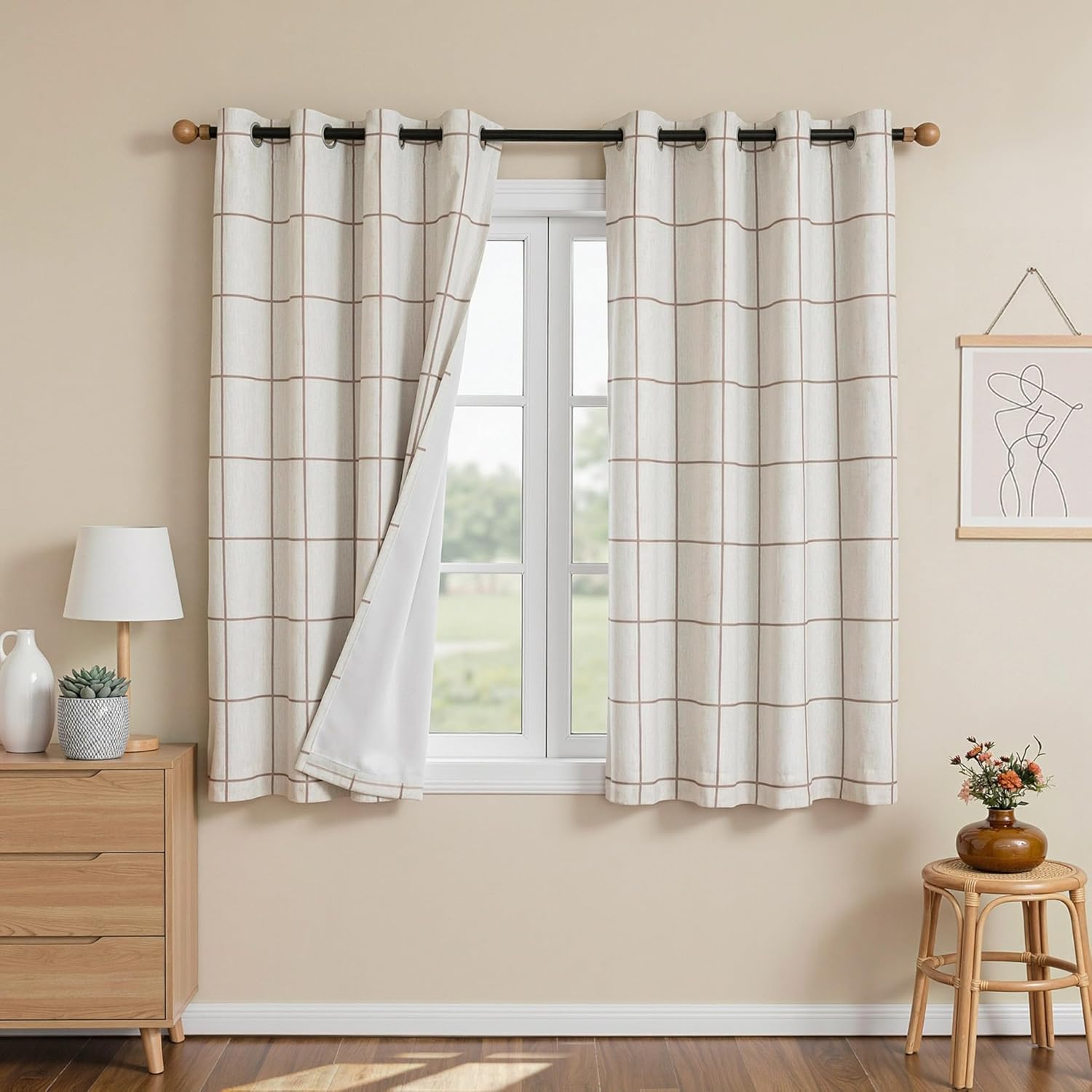 MYSKY HOME 100% Blackout Plaid Linen Farmhouse Short Curtains 54 Inches Long 2 Panels Set - Double Layer Thermal Insulated Black Out Windowpane Striped Print Drapes, Wide 52 Inch Each Panel, Brown