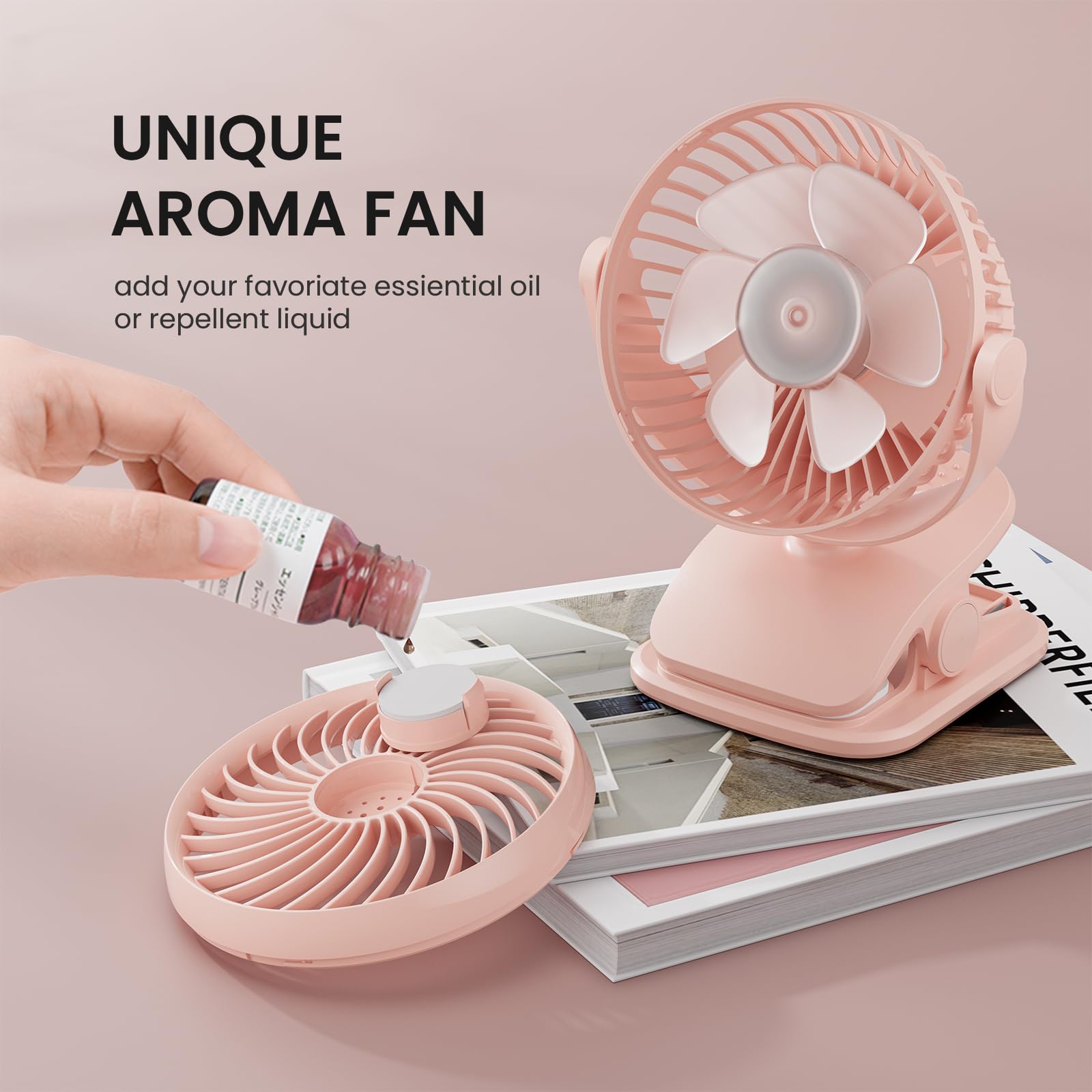 Ventilatore a clip alimentato a batteria AA con 4 velocità, piccolo ventilatore da scrivania da 12,7 cm con funzione aroma, alimentazione USB, rotazione a 360°, ultra silenzioso, per carrello da golf