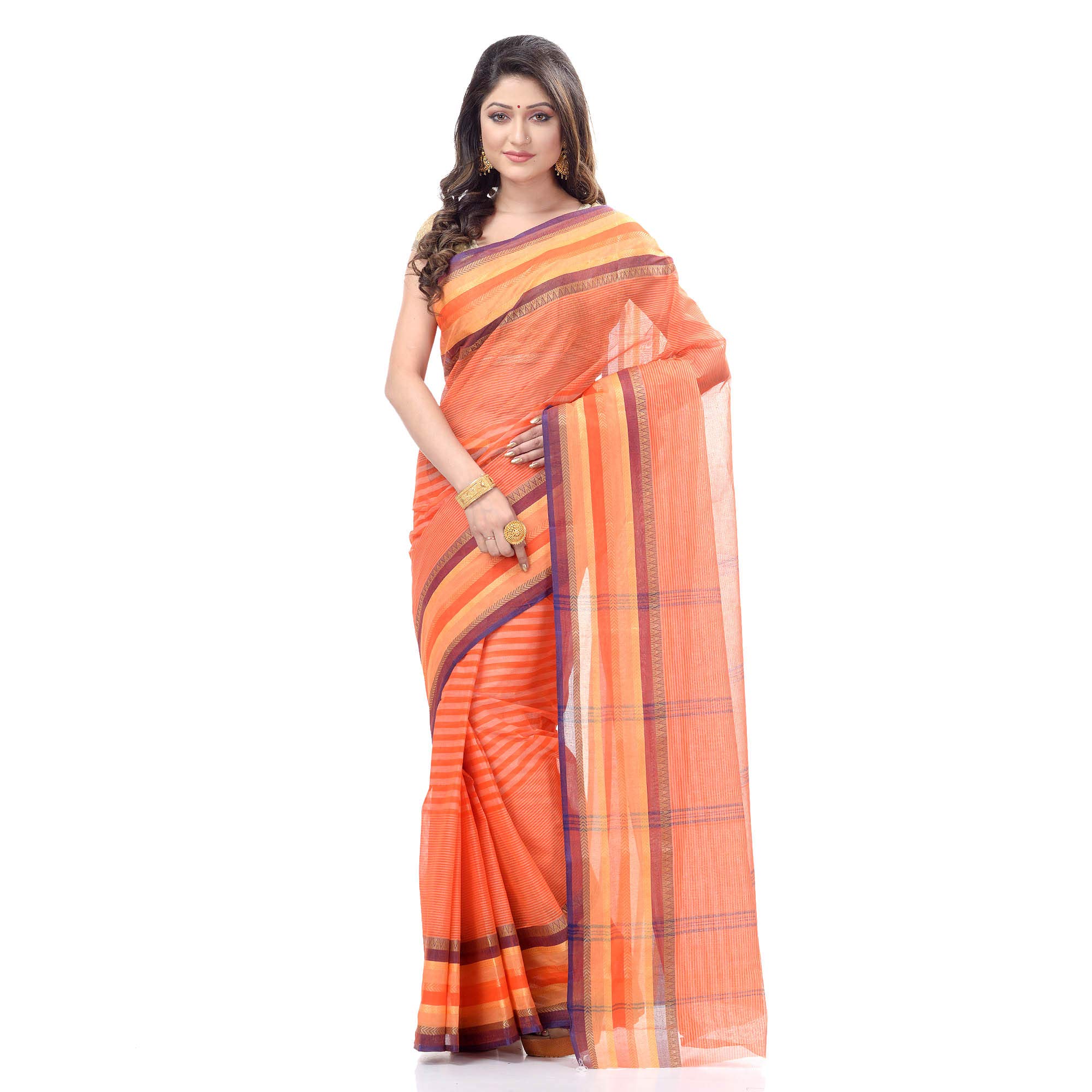 Women`s Bengal Tant Khejur Chori Design Pure Handloom Cotton Saree Without Blouse Piece (Orange)