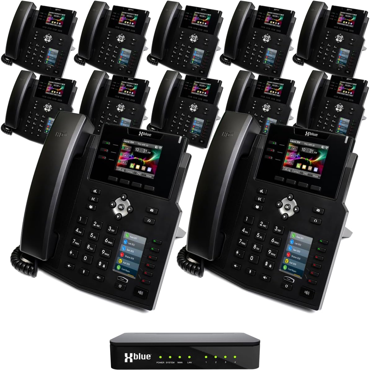 XBLUE QB1 Business Phone System with (12) IP9g Phones, (4) Line Ports - Includes Auto Attendant, Voicemail, Conference, Call Recording - Options for Remote Workers, iPhone & Android Smartphones