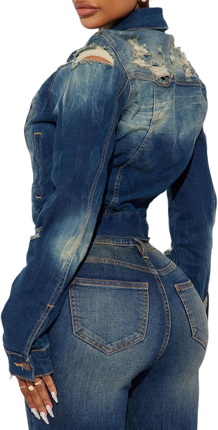 BessCops Denim Jacket for Women Fall Long Sleeve Classic Distressed Butterfly Jean Trucker Jackets - Image 4