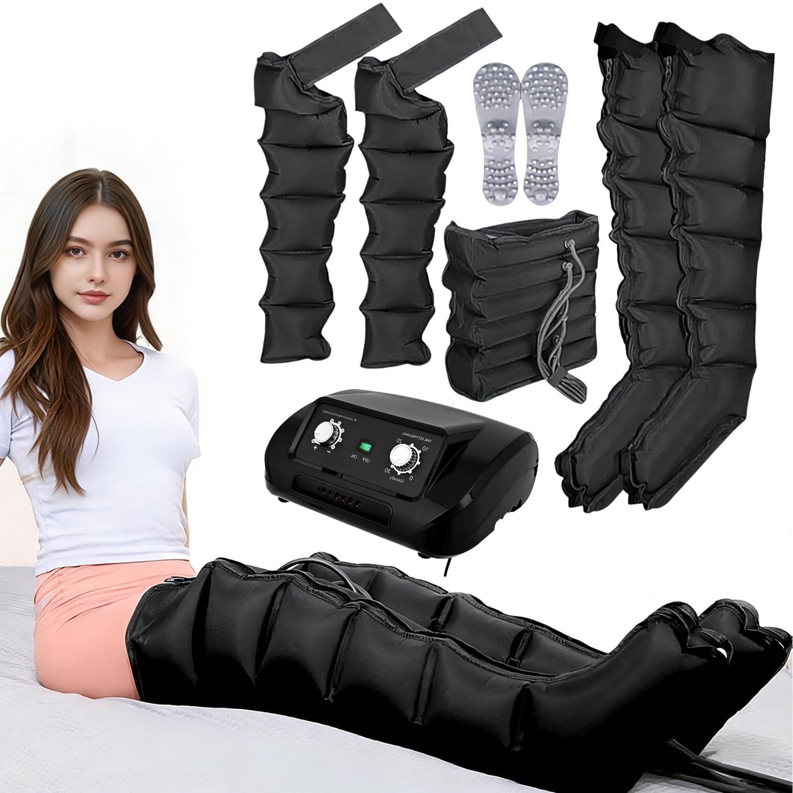 Presoterapia para Casa con 6 Cámaras para Piernas, Brazos y Abdomen | Presión Ajustable 30–240 mmHg, Temporizador 0–30 Min, Mandos Mecánicos, Compresor Silencioso para Uso Diario