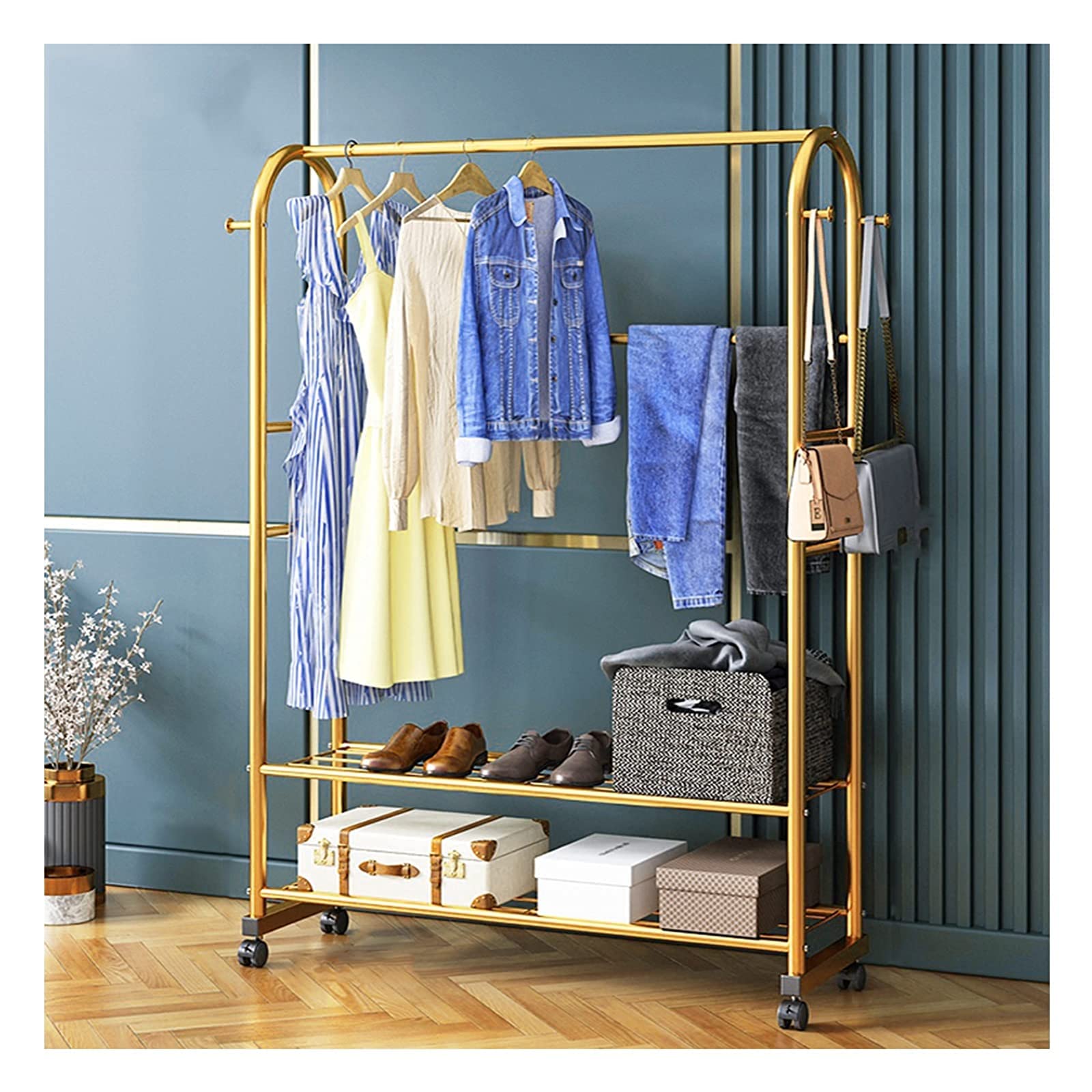 YNBSHGAA Metal Clothes Rail Rack with Wheels for Bedroom and Livingroom/Gold/100cm Heavy Duty Garment Dress Coats Jackets Drying Rack,Gold-100cm