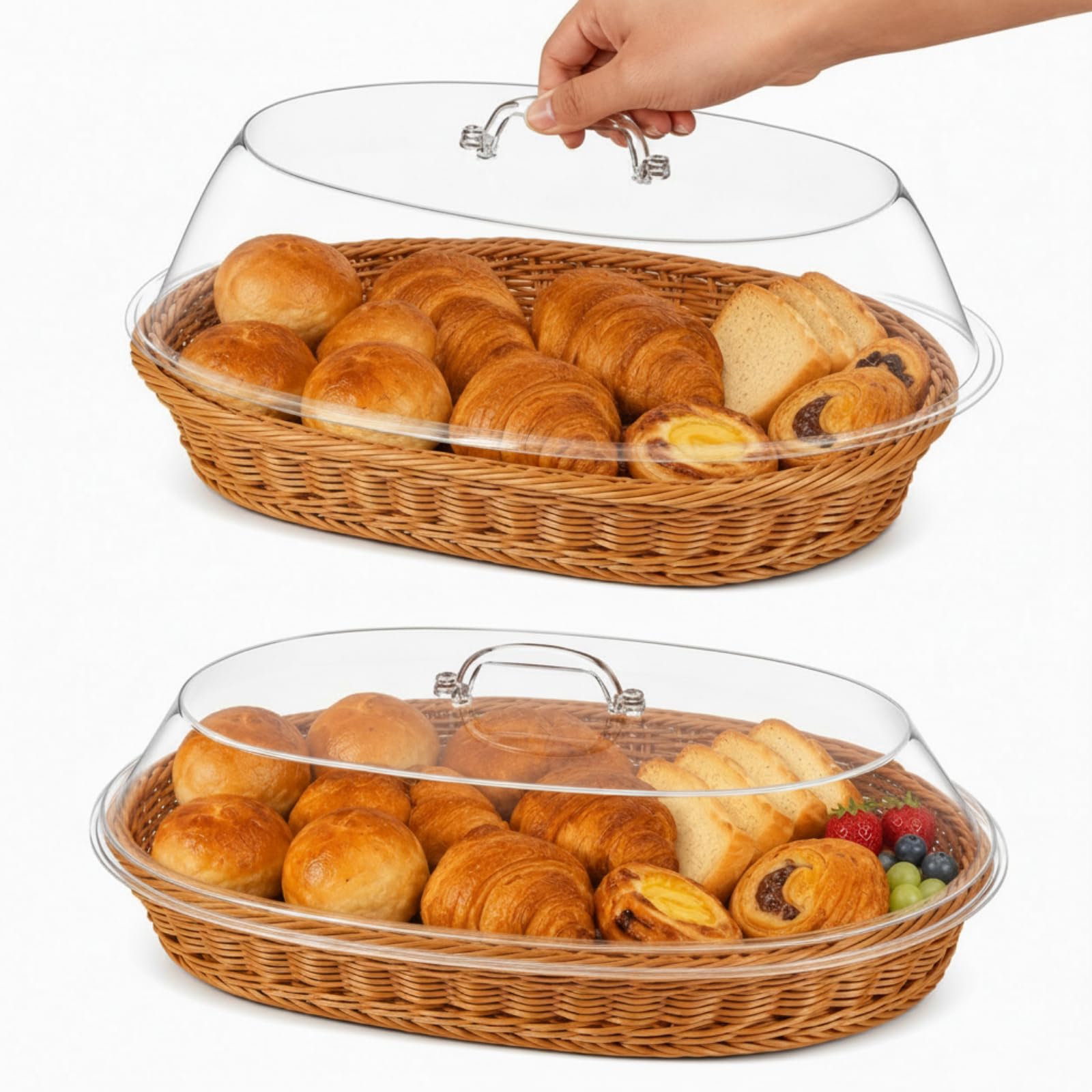 Cestas de pan contra insectos con tapa transparente, juego de 2 fruteros de mimbre