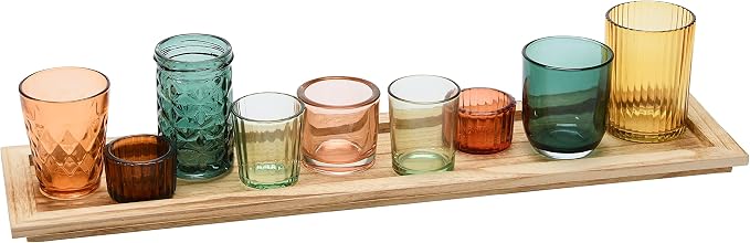Creative Co-Op Round Glass Votive Holders on Wood Tray, Multicolor, Set of 9
