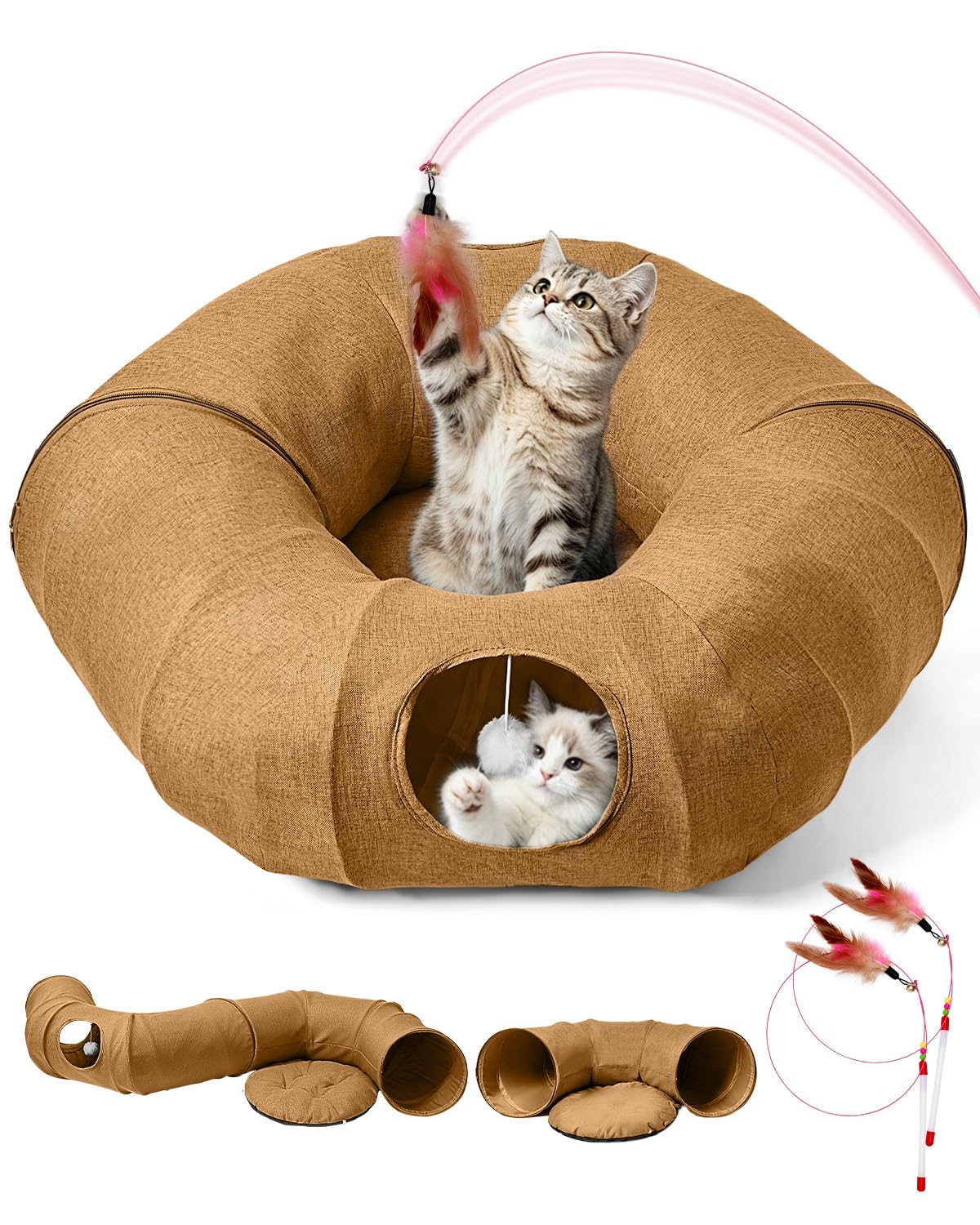 Linen Cat Tunnels with Central Cat Bed, Interactive Cat Toys Detachable Washable Soft Mat Large Indoor Play Tunnel Cave for Kittens and Small Animals