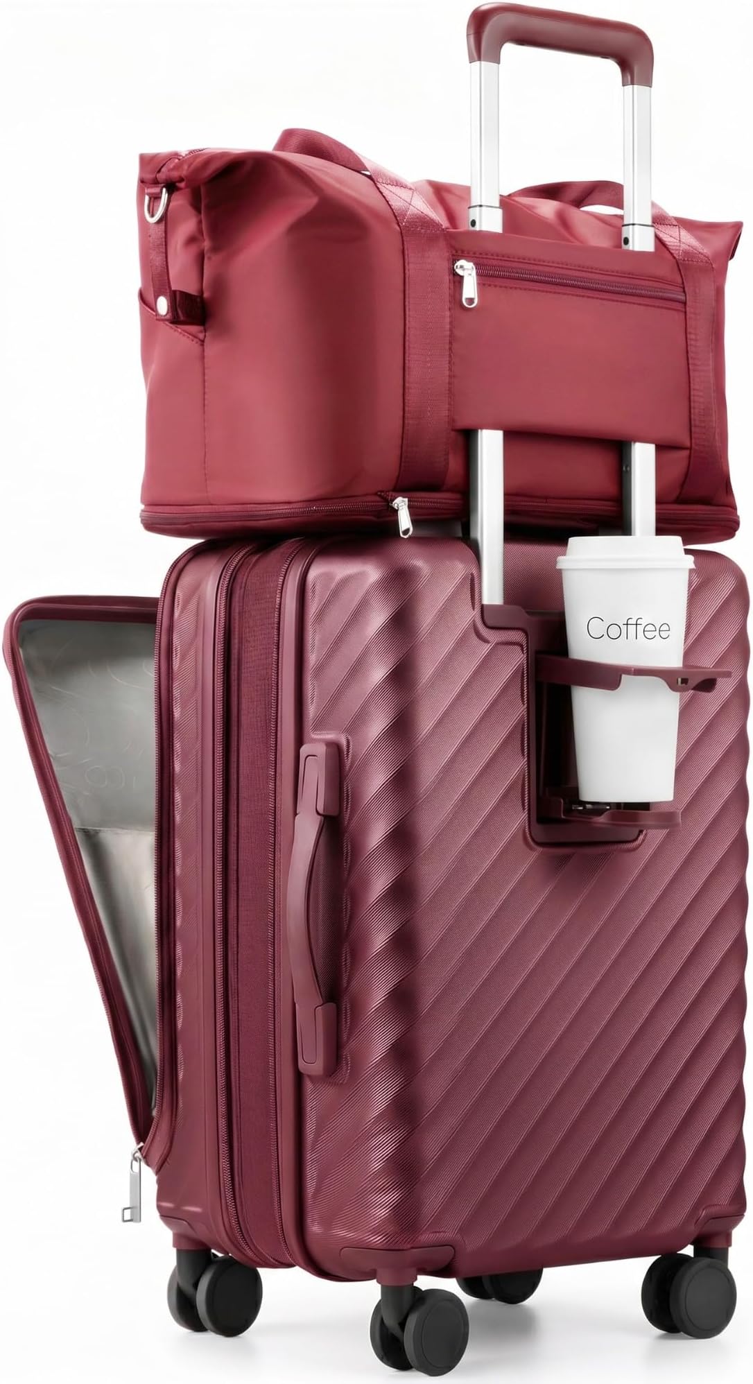 Carry On Luggage with Front Compartment and Cup Holder, KVF Expandable PC Hard Shell Suitcase with Front Pocket (FX-Plus, Ruby Red, 2-Piece (20/Tote))