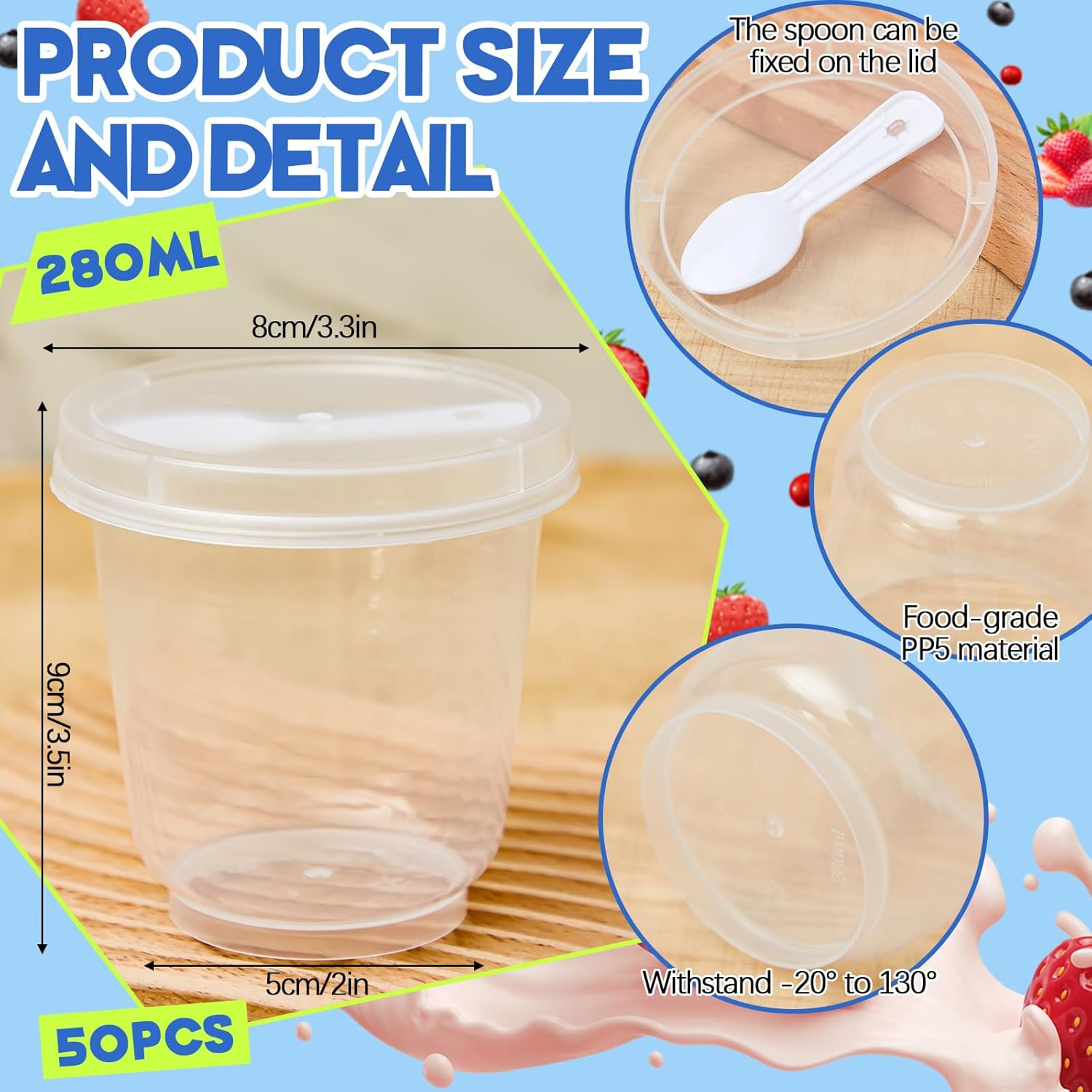 Jingmore 50 Pack 9.5oz Clear Plastic Yogurt Parfait Cups Disposable Overnight Oats Containers with Lids and Spoons Cake Fruit Jars for Food Storage Salad Ice Creams Pudding Snacks (Round Style)