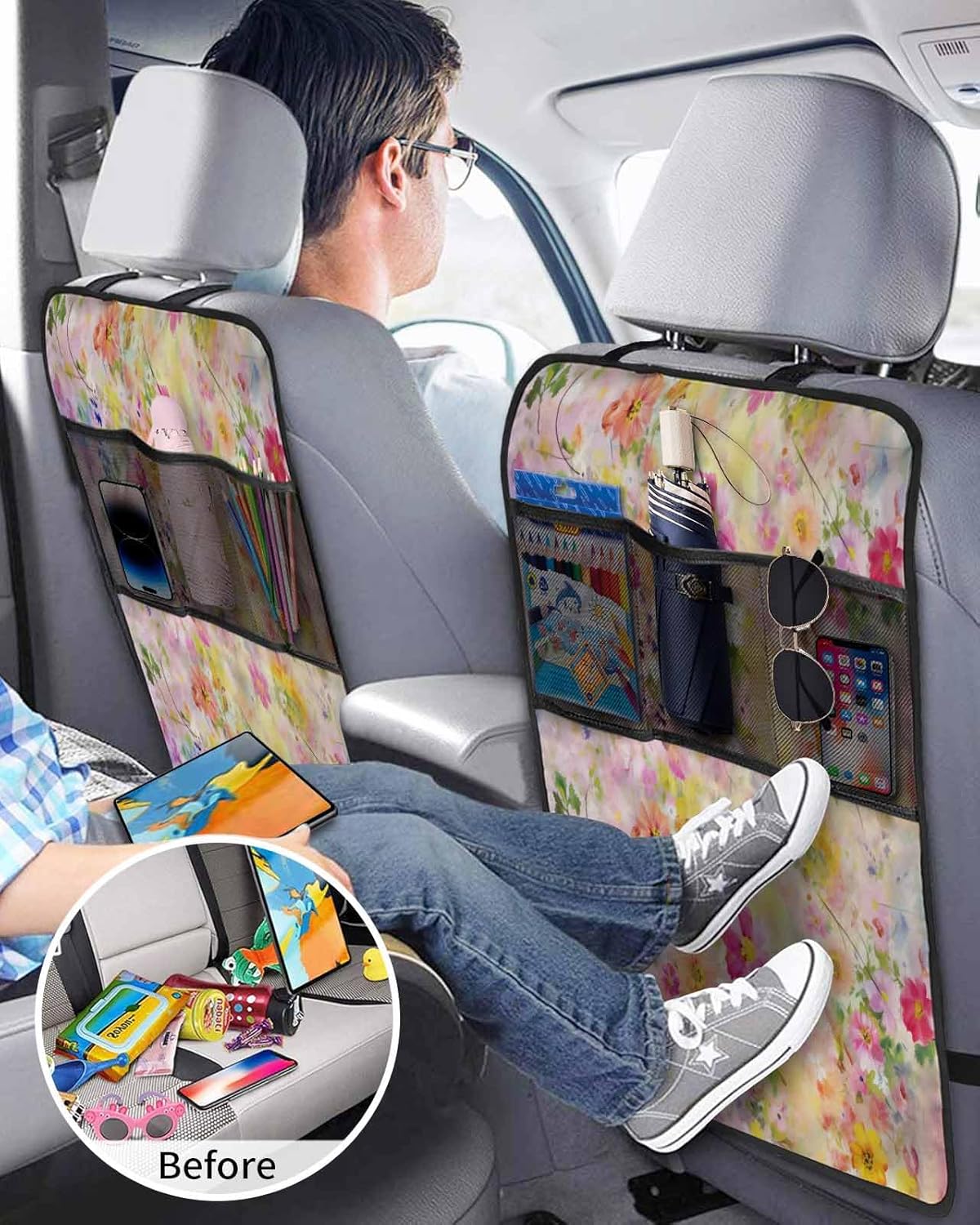 Car Seat Protector, 2 Pack Kick Mats with Organizer - 3 Pocket Storage, Spring Watercolor Pink Yellow Flowers Oil Painting Back Seat Cover for Kids Universal Fit Automotive Interior Protectors