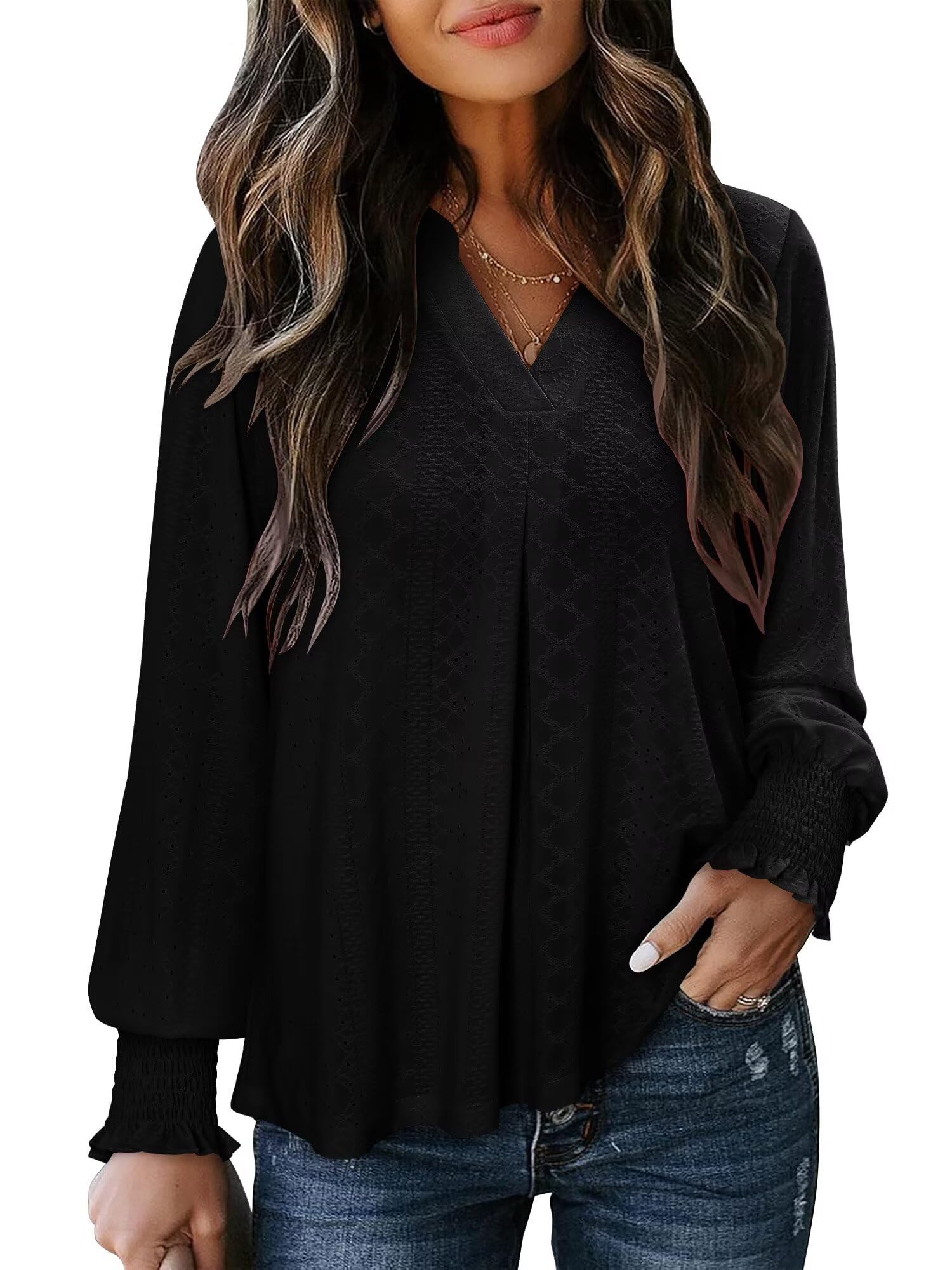 Photo 1 of Magritta Womens Black Petite Blouses Winter Fashion Versatile Business Work Tops Soft Casual Fit Smocked Long Sleeve Shirts Dressy V Neck Flared Tunics Lightweight Eyelet Clothing Small