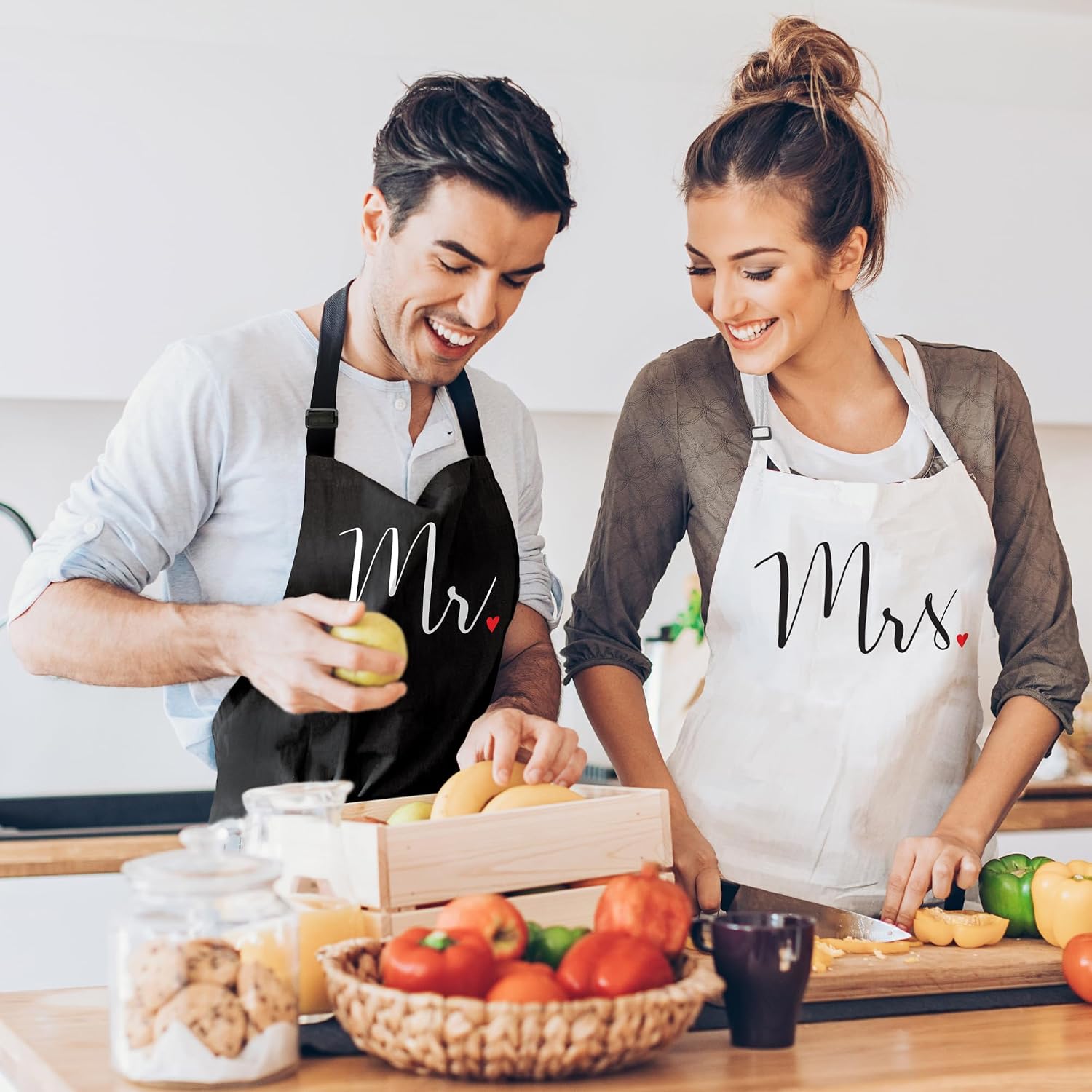 Prazoli His and Her Aprons - Mr and Mrs Couples Engagement, Cute Bridal Shower Gift Anniversary Wedding Registry Items & Decoration, Housewarming Gifts for New Home Newlywed image 2