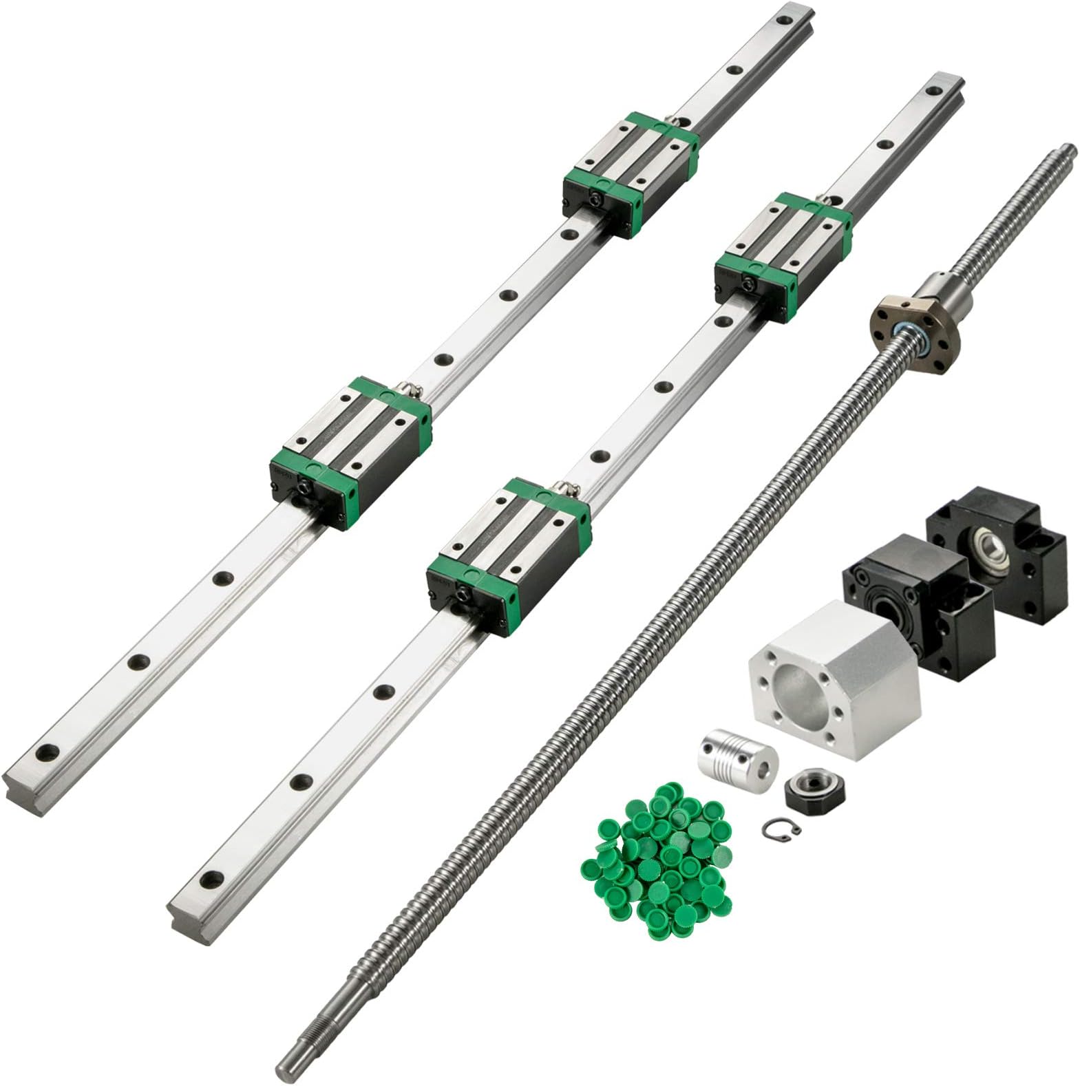 VEVOR Linear Guide Rail 2Pcs HGR20-1500mm Linear Slide Rail with 1Pcs RM1605-1500mm Ballscrew with BF12/BK12 Kit Linear Slide Rail Guide Rail Square For DIY CNC Routers Lathes Mills Silver