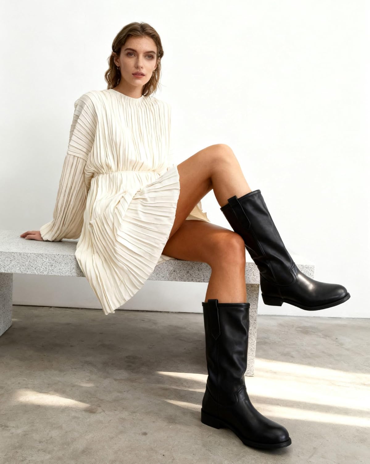 Mid Calf Boots for Women Chunky Block Heel Pull On Boots Round Toe Low Heel Trendy Stylish Riding Boots