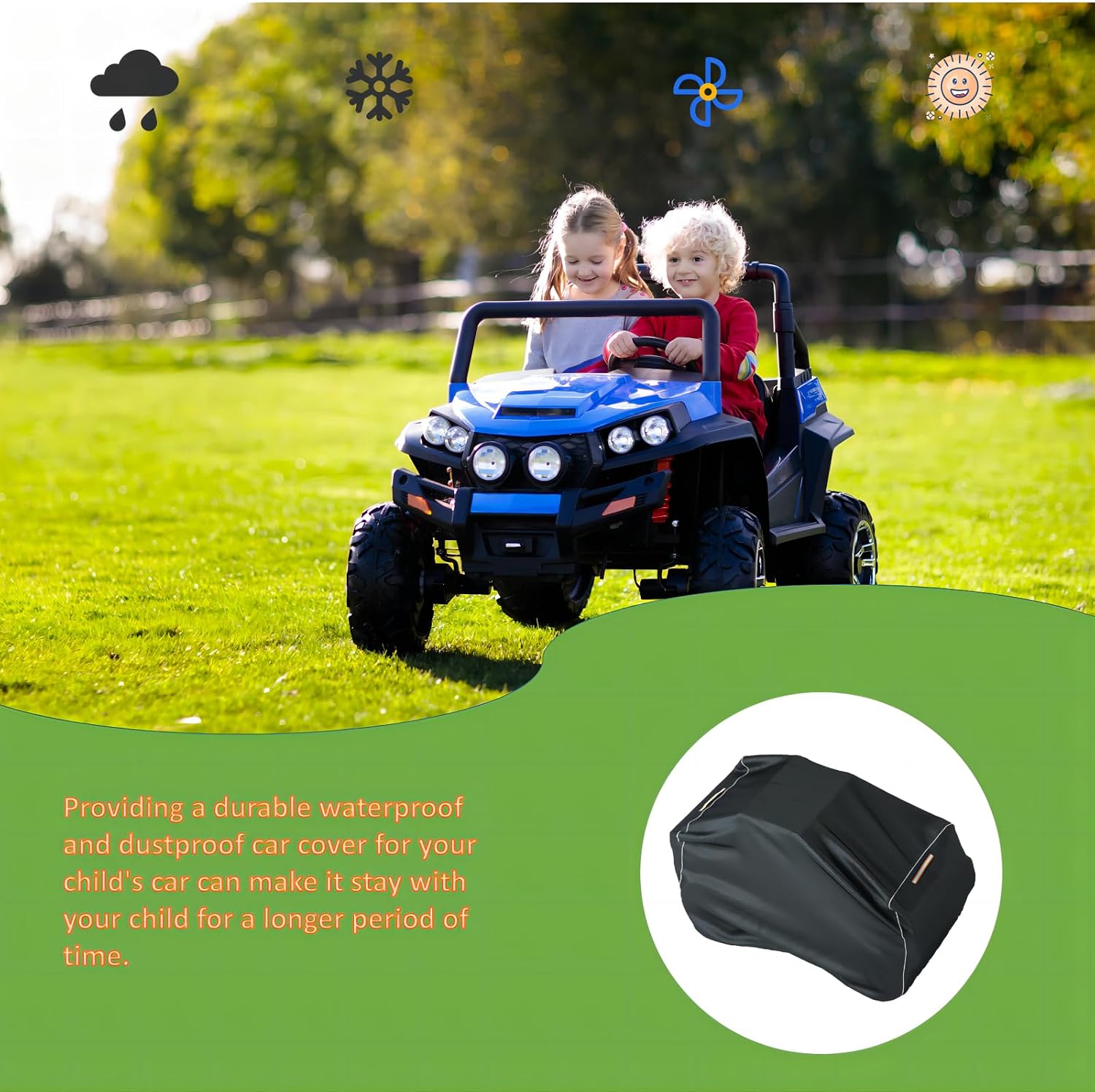 Kids Car Cover, Waterproof Cover for Large Children's Toy Car, 420D Universal Outdoor Car Cover for Power Wheels Jeep and Toddler's Electric Car, All-Weather Protection, with Reflective Webbing