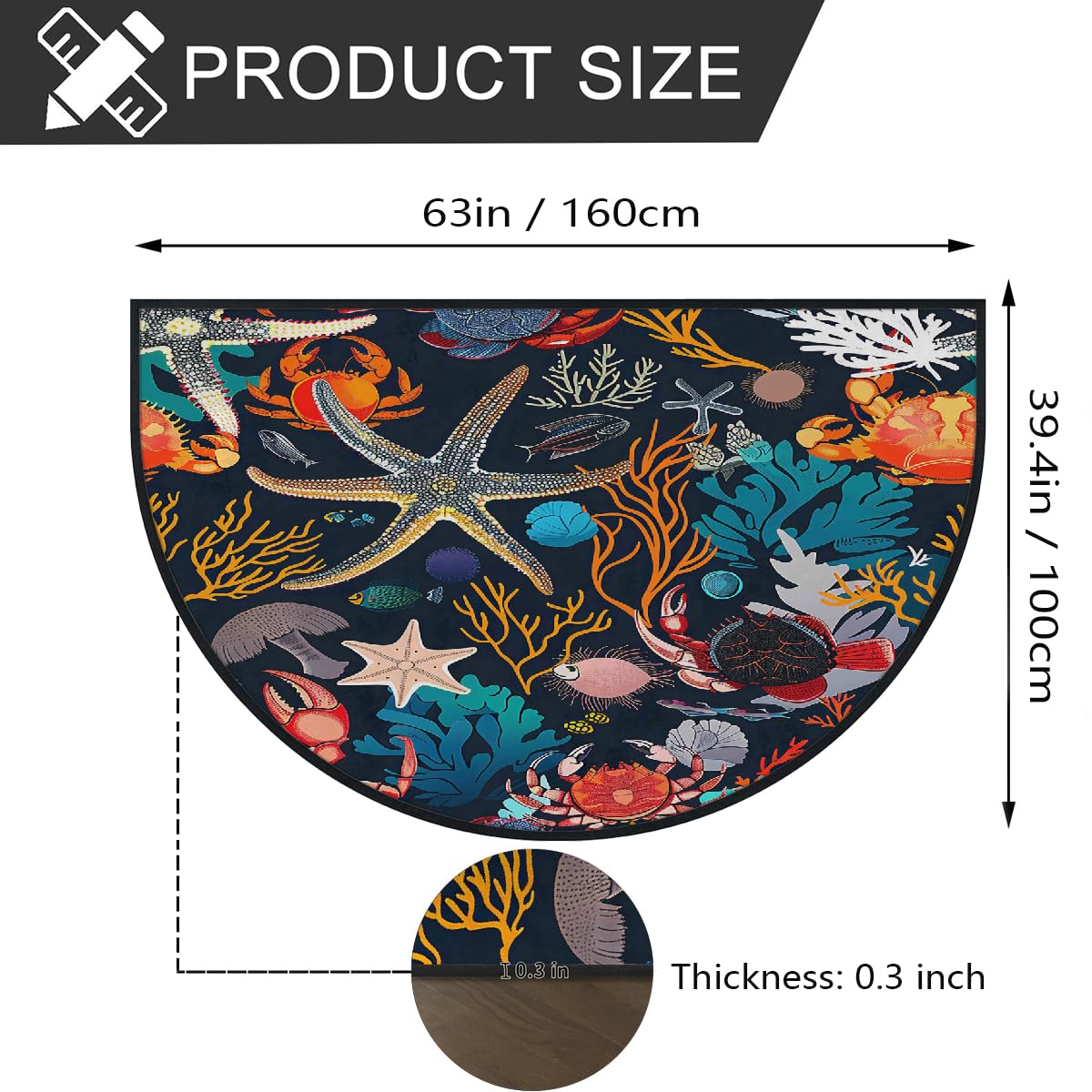 Mexpekil Paillasson demi-lune en forme d'étoile de mer, crabe corail, pour intérieur et extérieur, antidérapant, lavable, absorbant, anti-saleté, 100 x 160 cm