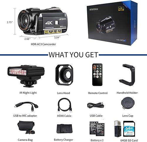 Miniatura 7 de Videocámara 4K ORDRO Night Vision Video Camera Vlog Ghost Hunting Cámara Videocámara para YouTube 3.1 pulgadas IPS Pantalla táctil Videocámara con