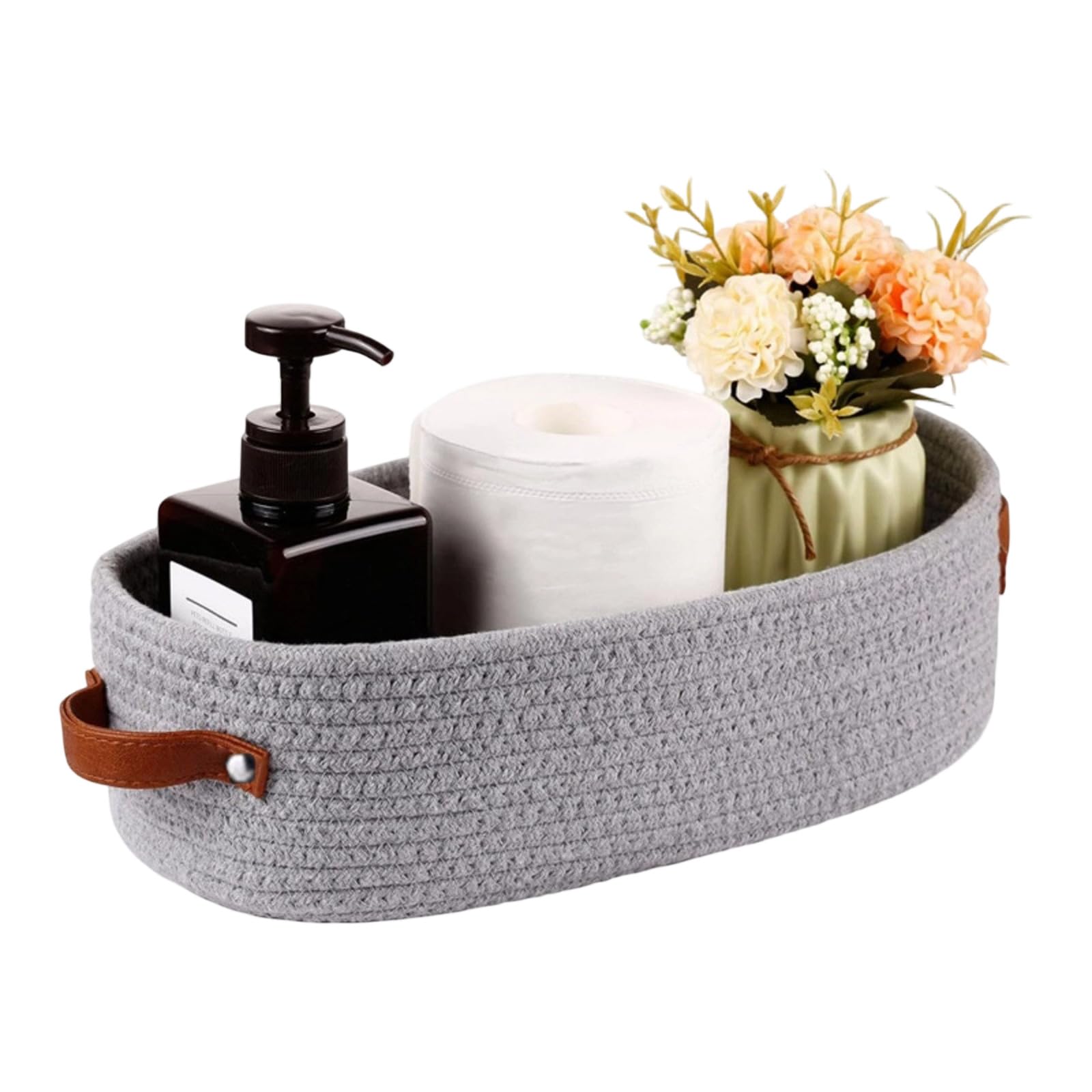 Oval Cotton Rope Basket with Leather Handles Ideal for Nursery or Bathroom Cotton Rope Storage Basket with Leather Handle