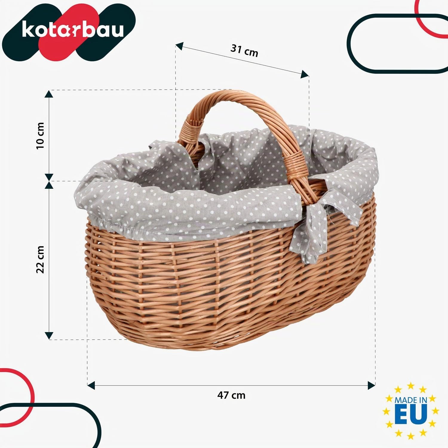 KOTARBAU® Cesto Vimini - con Manico - Cesto Funghi - 47 x 31 x 32 cm - Grigio Naturale - Cestino con Stoffa Interna - Naturale - Grande Capacità - Leggero