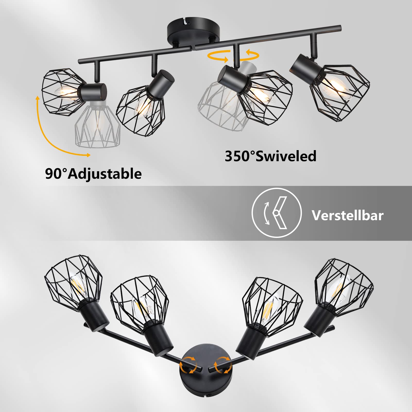 KYOTECH Faretti da soffitto orientabili a 4 luci lampada da soffitto Plafoniera LED Attacco E14,Per 4 lampadine E14 non incluse,Faretti Orientabili Parete Nero per Soggiorno e camera da letto