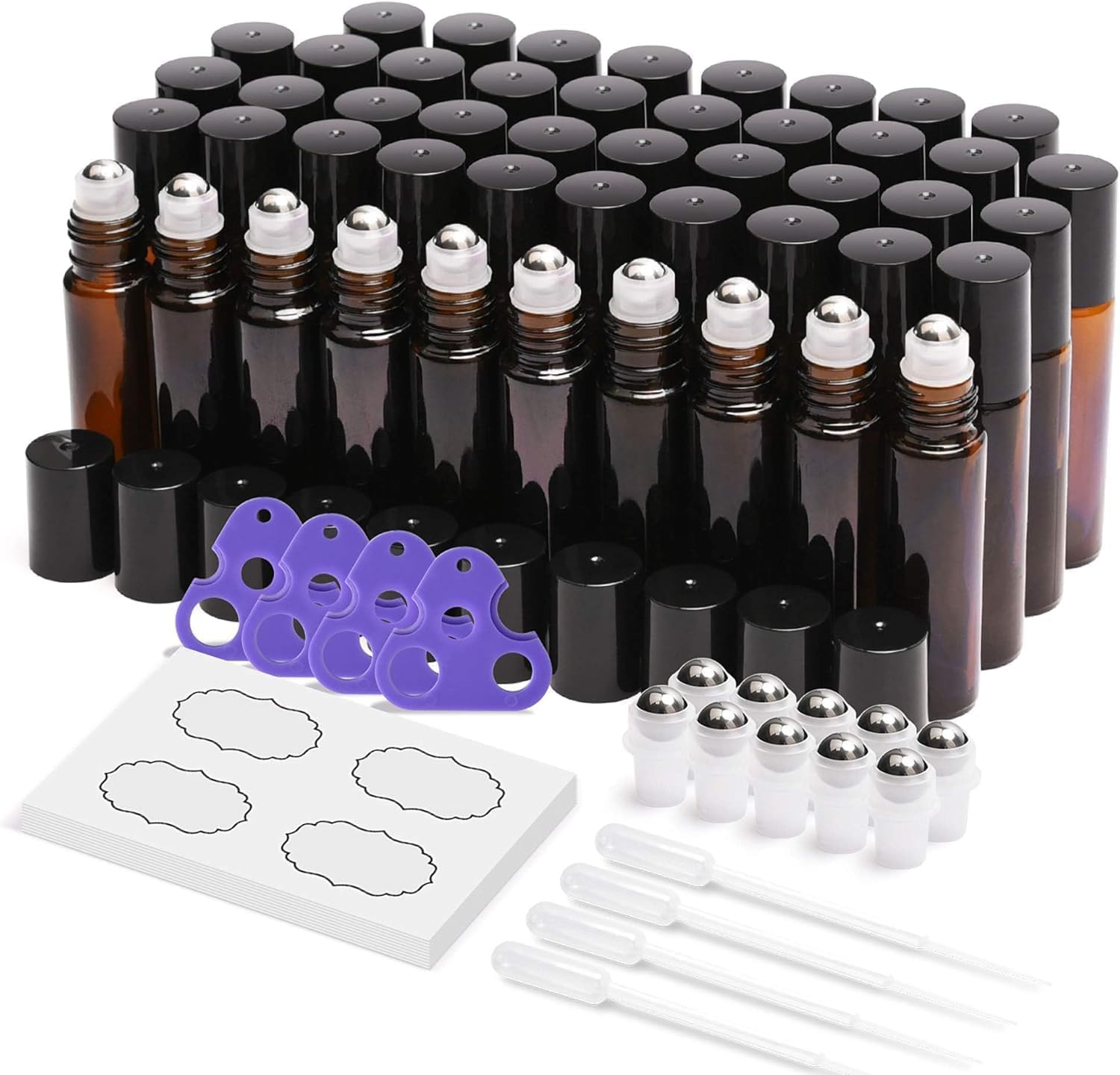 Essential Oil Roller Bottles 48 Pack 10 ml Amber Glass Empty Perfume Bottles with Stainless Steel Roller Balls (10 extra balls, 4 Openers, 4 Droppers, 48 Waterproof Labels)