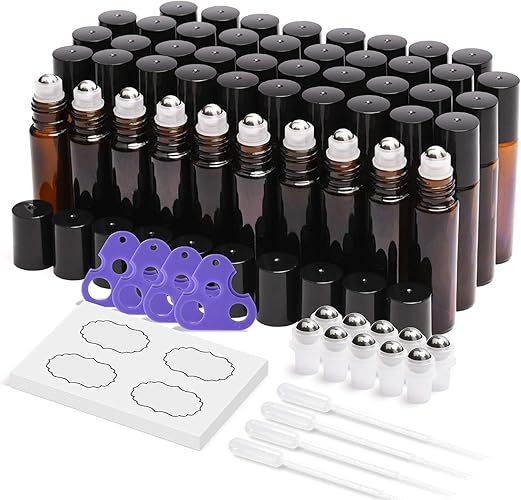 ULG 48-Pack Essential Oil Roller Bottles 10ml, Empty Bottles with Stainless Steel Roller Balls and Waterproof Labels, Amber Roller Balls For Essential Oils - Amber - 48-Pack