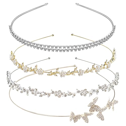 Yxiang Paquete de 4 diademas de diamantes de imitación de cristal, bandas finas de metal plateado para el cabello, diadema de mariposa metálica de