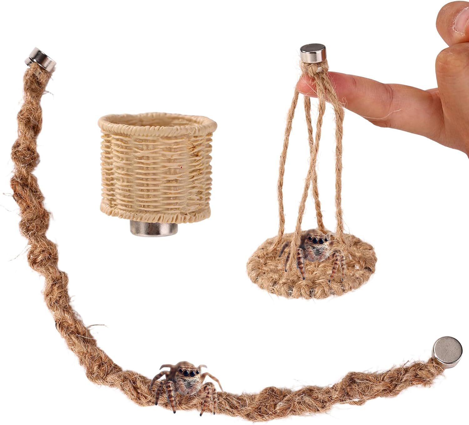 3-teiliges magnetisches Spinnen-Habitat-Zubehörset, handgefertigte Brückenschaukel und Nest aus natürlichem Hanfseil mit magnetischer Befestigung für Springspinnen und Kleintiergehege 3-teiliges magnetisches Spinnen-Habitat-Zubehörset, handgefertigte Brückenschaukel und Nest aus natürlichem Hanfseil mit magnetischer Befestigung für Springspinnen und Kleintiergehege