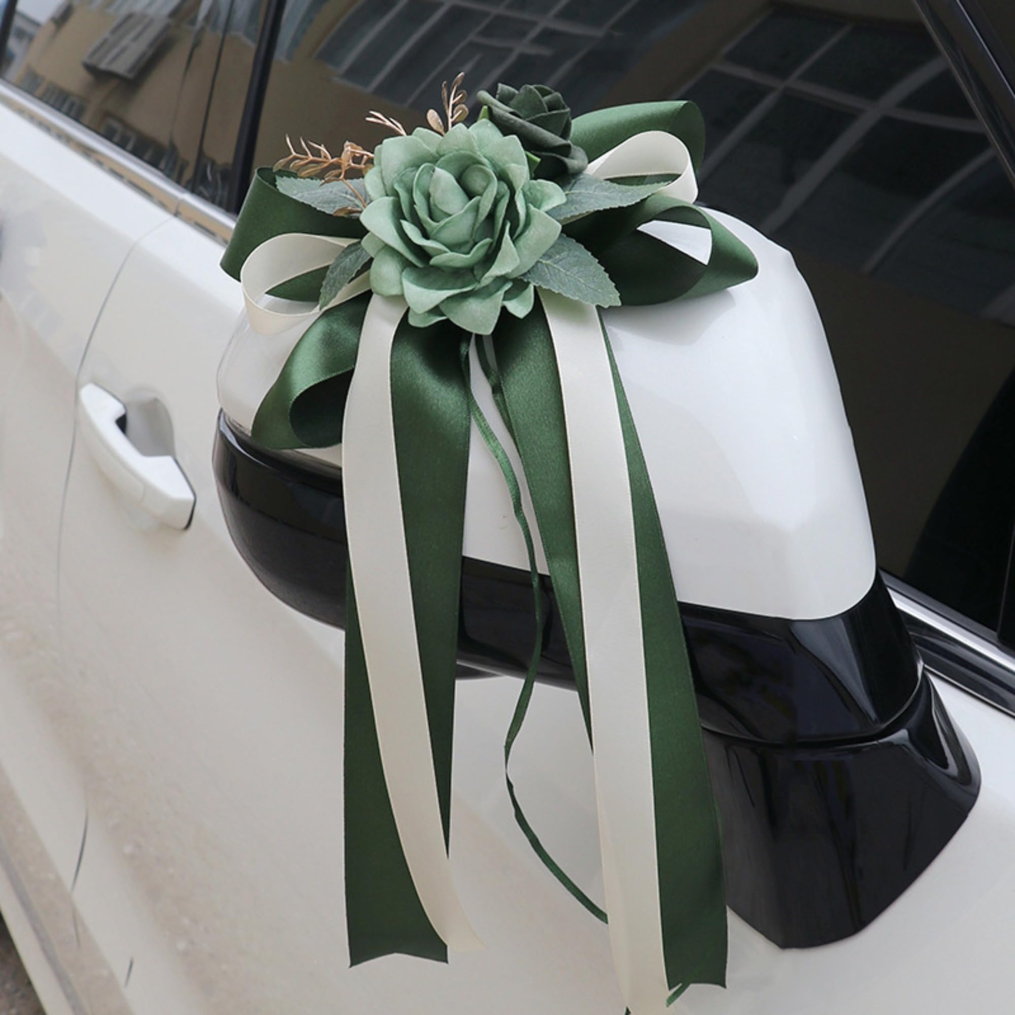 ZBELLO 6 Pcs Wedding Car Ribbon, Car Bow for Rearview Mirrors und Car Door Handle, Rose Flowers for Wedding Car Decorations (Green)