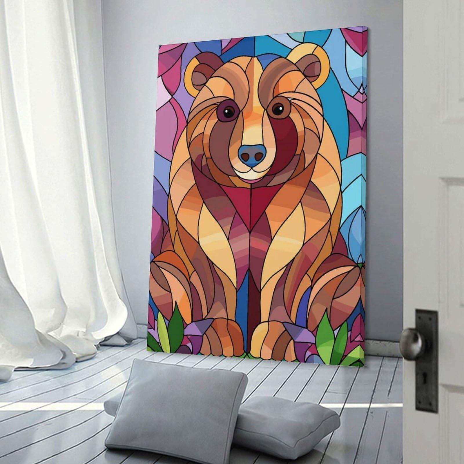 Junmoney Stained Glass Bear Portrait Canvas Wall Decor, 16x24inch(40x60cm), for Gallery Wall Decor And Room Displays, Wall Decor Suited to Curated Displays