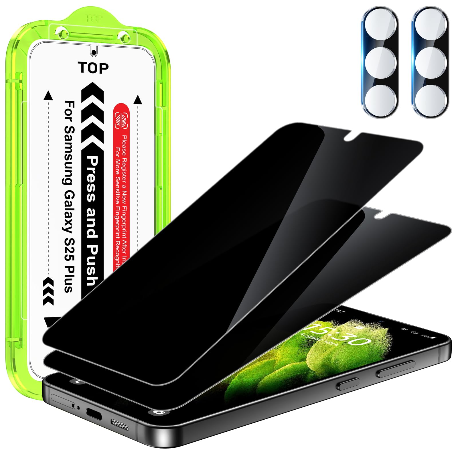 Esanik [2+2 Pack Privacy Screen Protector for Samsung Galaxy S25 Plus 6.7'' Anti Spy PET Film(NOT Glass) with Easy Installation Frame + Camera Lens Protector Fingerprint ID Compatible