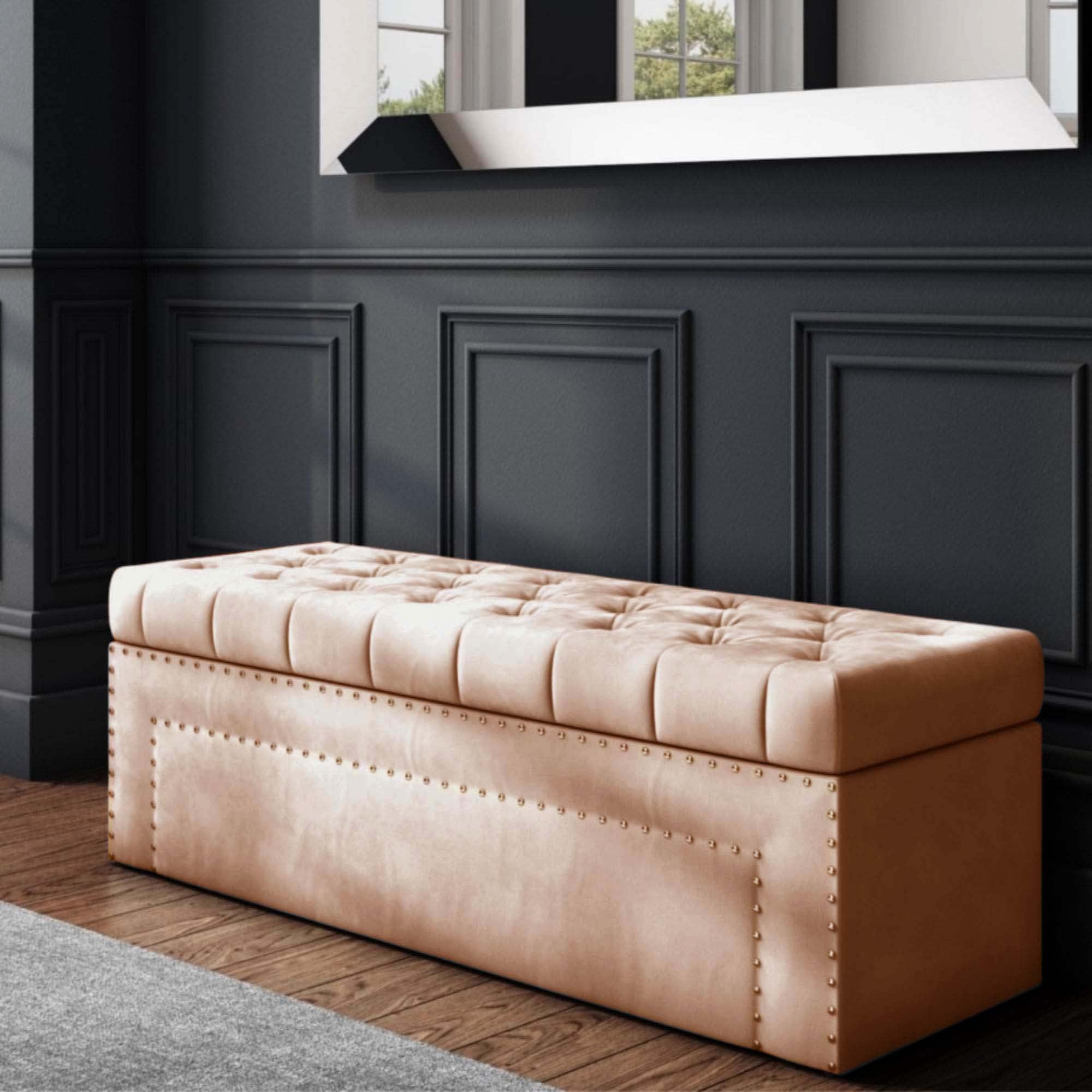 R&M Furnishers デュークオットマン収納ボックス - プラッシュベルベットストレージオットマン クリスタルネイル付き - オットマンフットスツール 収納付き - チェスターフィールド布張りのコーヒーテーブル - ベッドの端の収納ベンチ (ミンク)