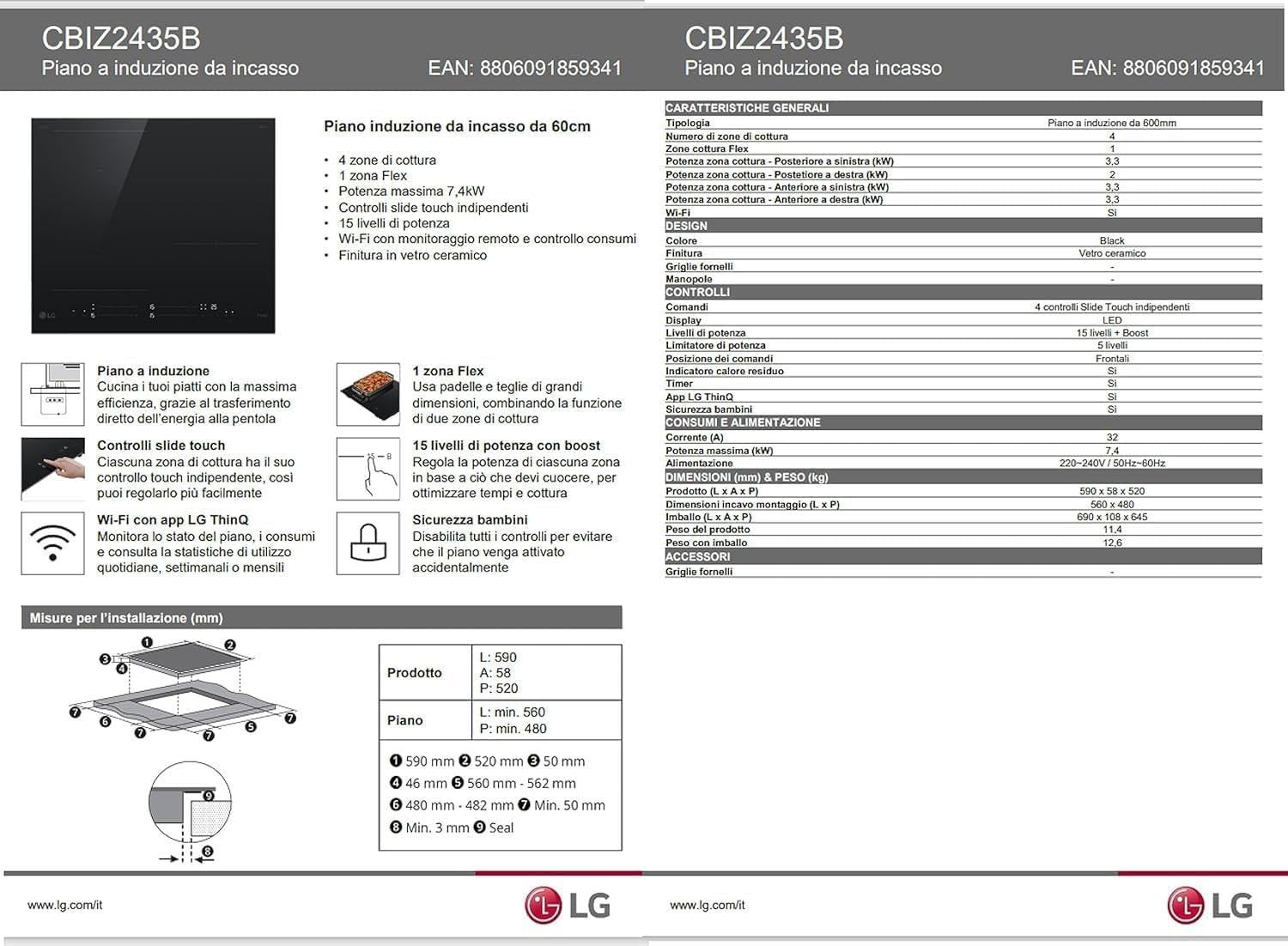 LG Płyta indukcyjna CBIZ2435B 60 cm, moc od 2,5 do 7,4 kW, 4 strefy całkowite, 1 strefa Flex, 15 poziomów mocy + doładowania, niezależne sterowanie dotykowe, Wi-Fi, szkło ceramiczne SCHOTT, kolor
