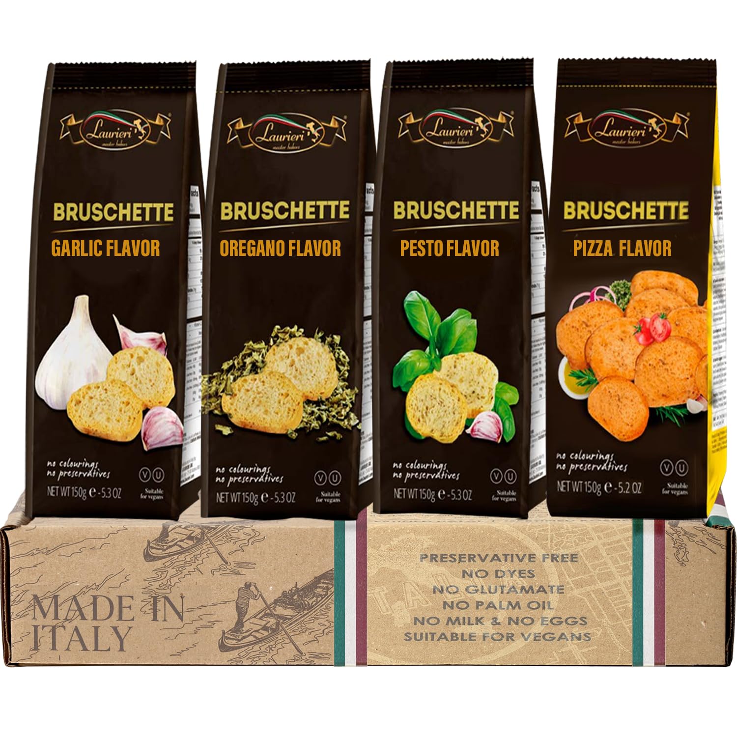Father's Day Cracker Gift Basket - Bruschette Toast Crackers Variety Pack (4 Flavors) | Gourmet Crostini Toasts in Garlic, Oregano, Pesto & Pizza | Vegan Snack for Charcuterie, Dips & Entertaining