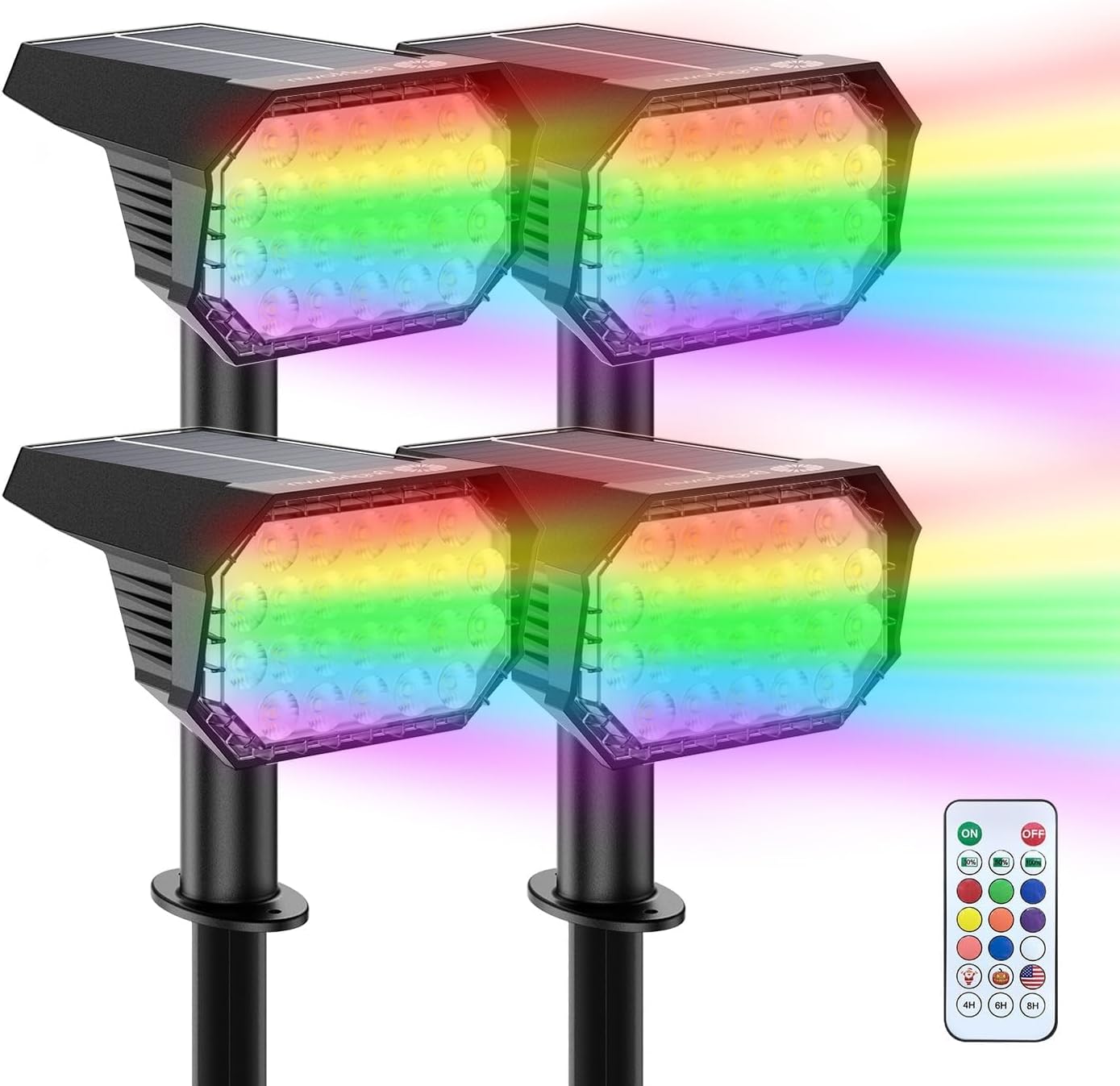 Brightown Solar Color Changing Lights Waterproof, Multicolor RGB Solar Spot Lights Outdoor with Remote Control, 3 Modes Solar Powered Outdoor Lights for Yard Porch Pathway Garden, 4 Pack Multicolor 4 Pack